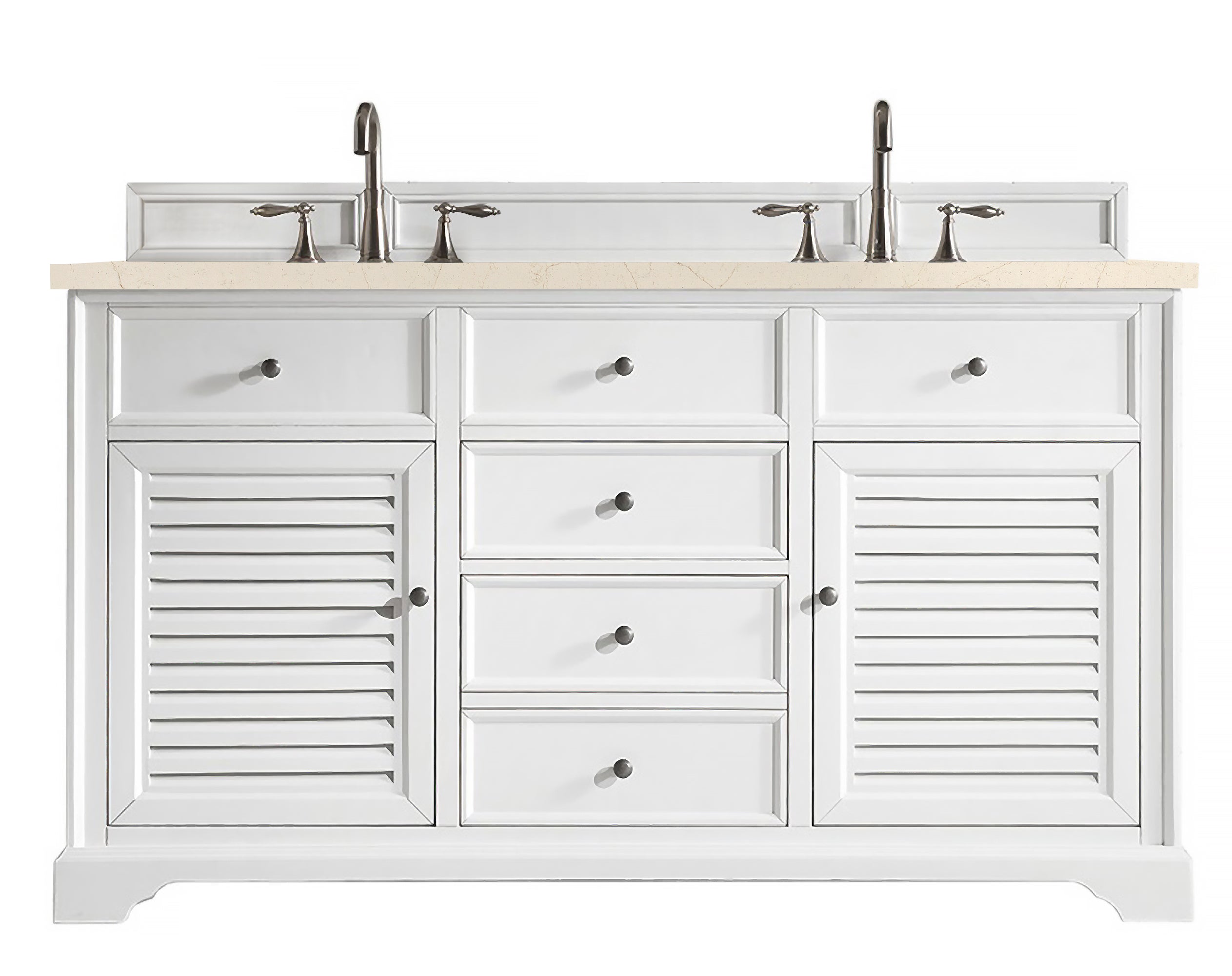 Savannah 60 Inch Double Vanity Cabinet with 3CM Eternal Marfil Quartz Top - Bright White Bathroom Vanity for Master Bath & Guest Bathroom Remodel