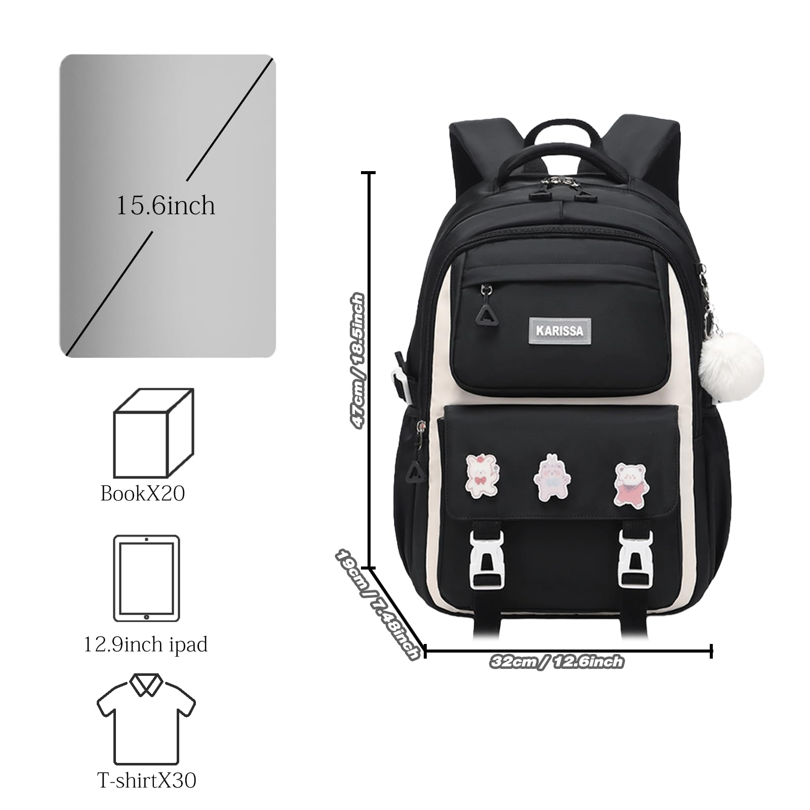 **Stylish Girls School Backpack for Middle & Elementary Students - Large Durable Bookbag for Teen Girls (Black) - Perfect for School, Travel & Daily Use**