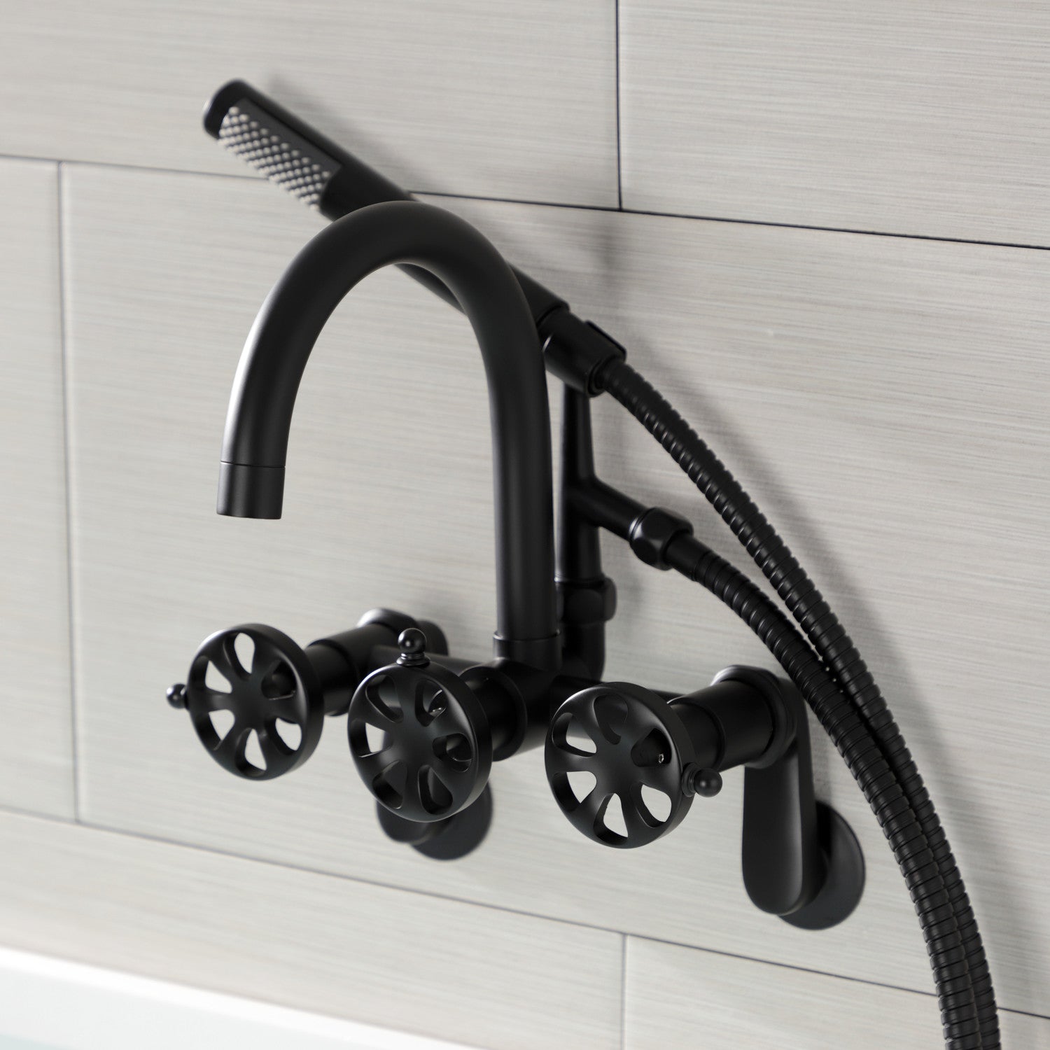 Belknap AE8150RX Matte Black 3-Handle 2-Hole Wall Mount Clawfoot Bathtub Faucet with Hand Shower - Vintage Style for Classic Bathrooms & Spa Retreats
