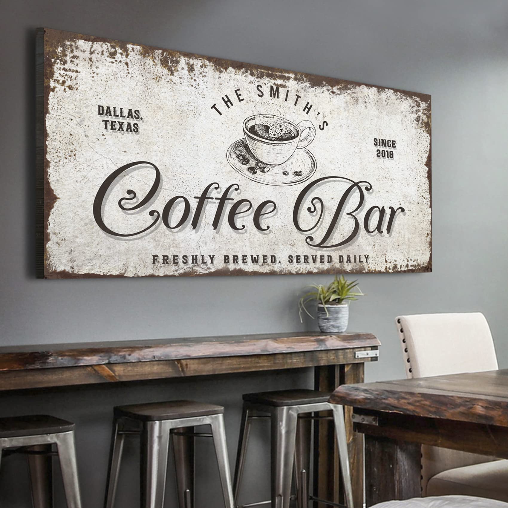 Custom Coffee Bar Sign - Personalized Rustic Coffee in Vintage Cup Canvas Wall Art - 60x30in Home & Office Decor for Kitchen, Coffee Station, Business - Perfect for Farmhouse, Cafe & Gift Giving