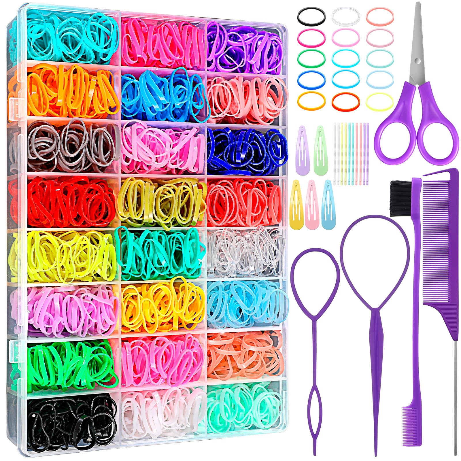 24 Colors 2300 Pcs Mini Rubber Bands for Hair - Elastic Hair Ties for Baby Girls & Kids with 5 Styling Tools & 20 Hair Clips | Perfect for Braids, Ponytails & DIY Hairstyles