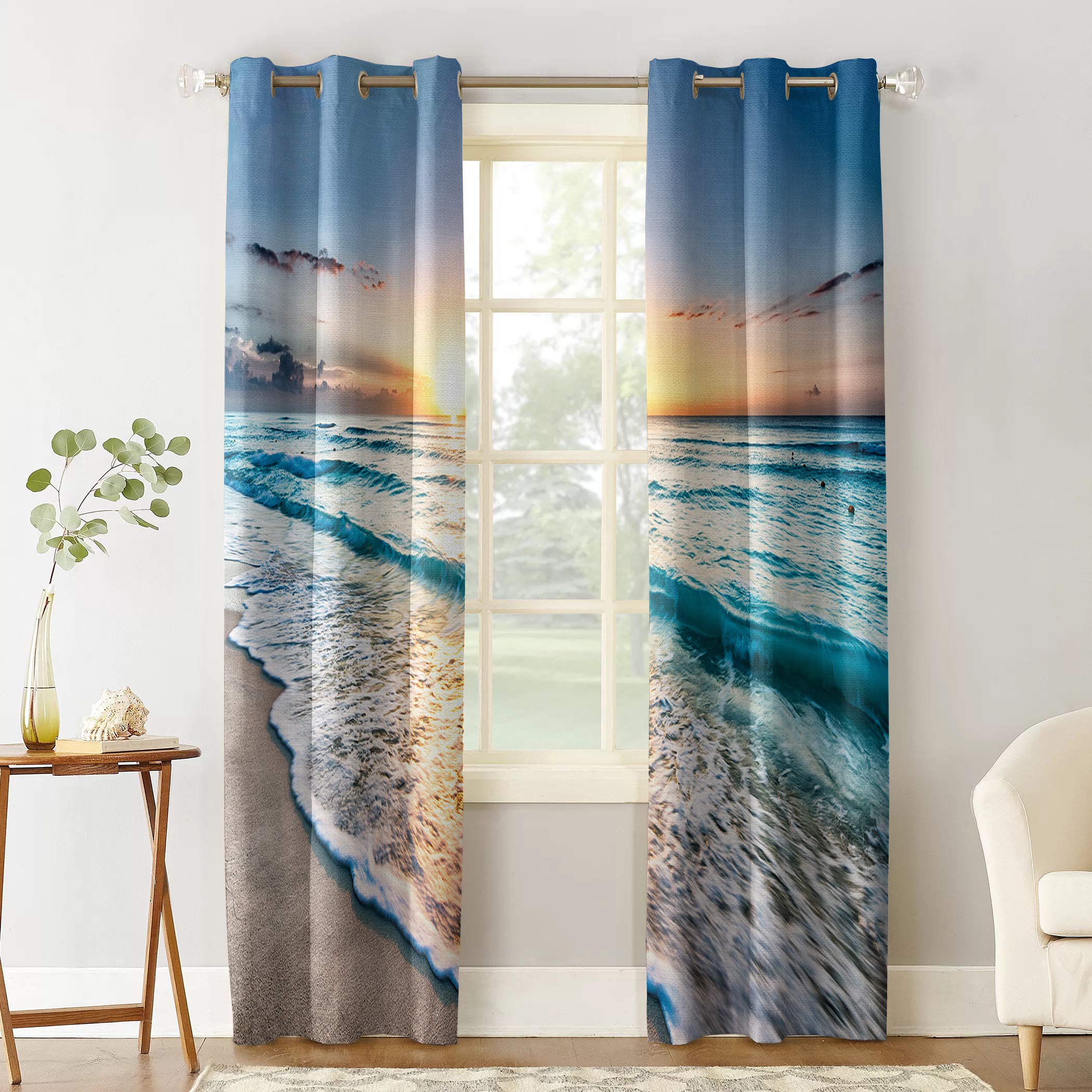 Ocean Beach Blackout Curtains - Thermal Insulated Room Darkening Window Drapes with Grommet Top, Tropical Wave Sunset Design, 52x84 Inch (2 Panels) - Perfect for Bedroom, Living Room & Home Theater Light Blocking