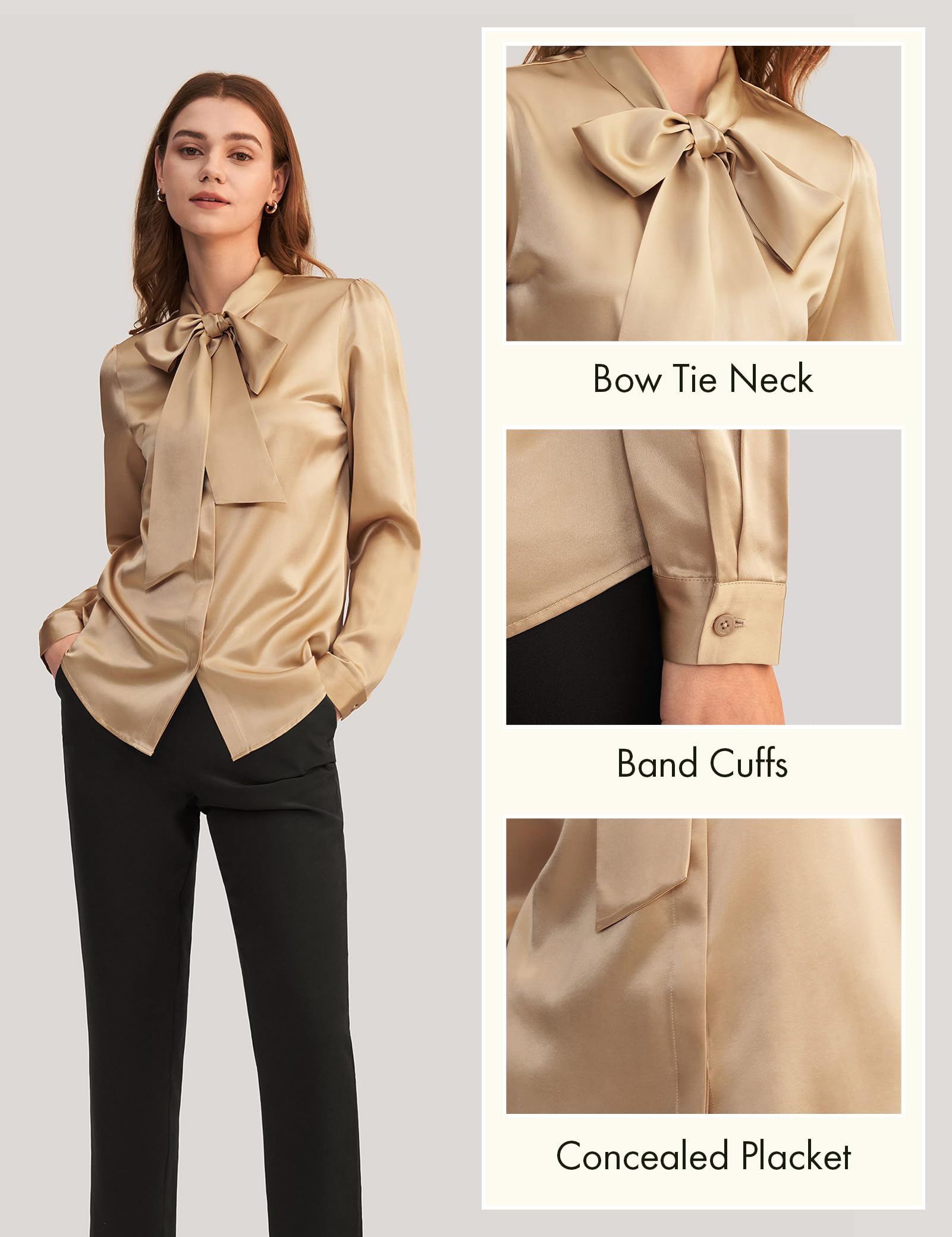 LilySilk Women's Vintage Bow Tie Neck Long Sleeve Silk Blouse - 100% Pure Silk Button Down Shirt for Work, Office & Special Occasions