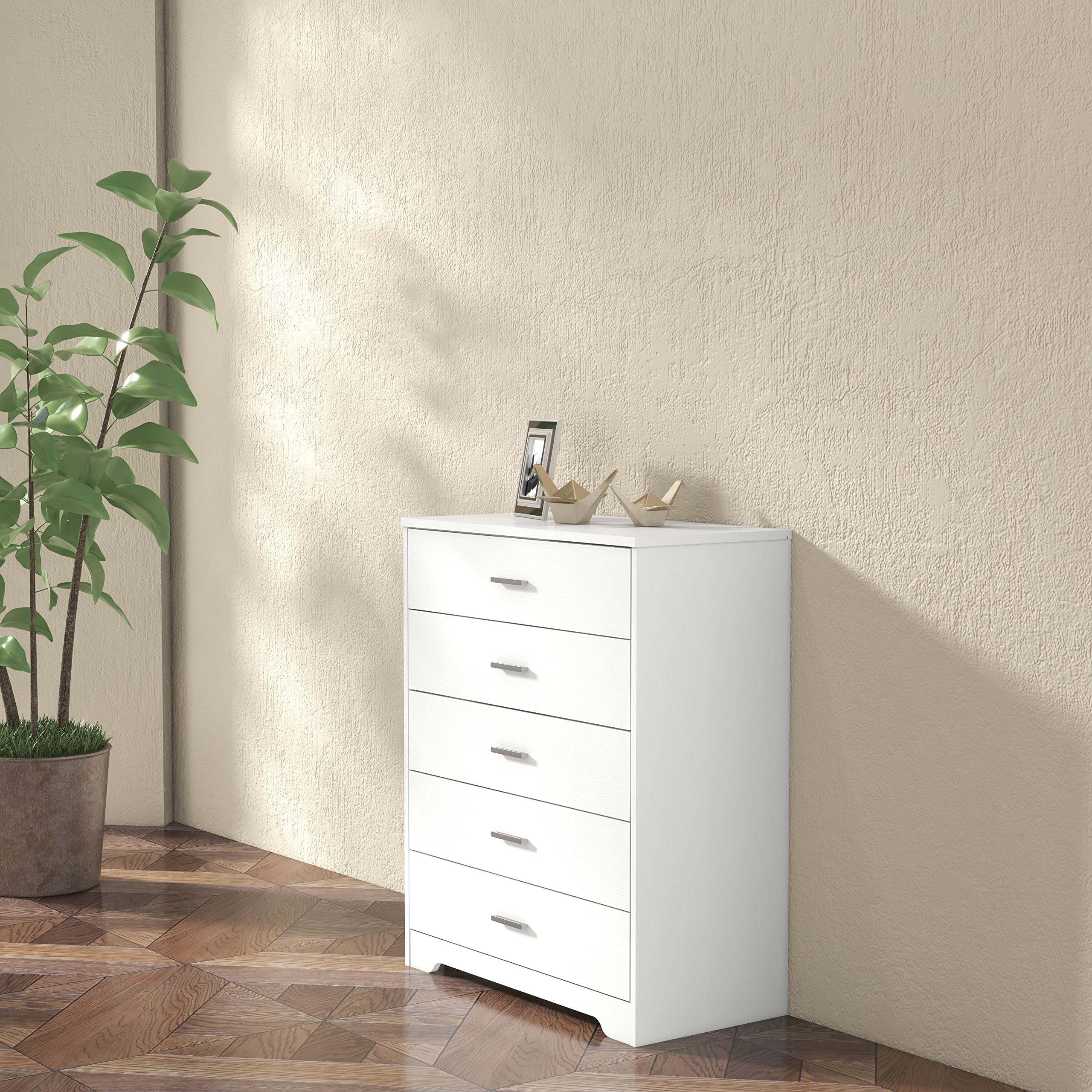 5/6 Drawer Wooden Dresser for Bedroom - White Chest of Drawers with Storage Organizer - Perfect for Bedroom, Living Room, Hallway & Nursery Furniture Organization (5-Drawer, White)