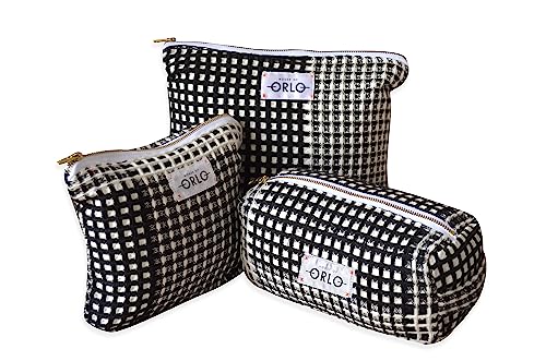 HOUSE OF ORLO 3-Pack Large Cotton Waffle Cosmetic Bags with Metal Zippers - Multi-Purpose Travel Organizer Pouches for Makeup, Toiletries & Medicine - Perfect Storage Solution for Men & Women (Black) | Great for Travel, Gym, Home Organization & Daily Essentials
