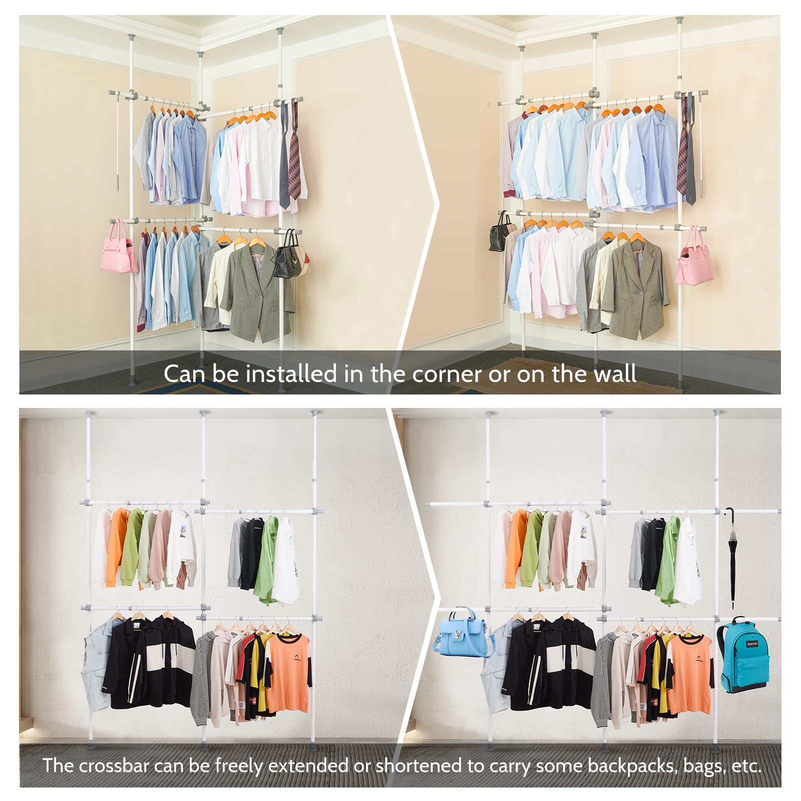 Double Clothing Rack - Adjustable Heavy Duty Garment Rack with 2 Tiers, Freestanding Closet Organizer for Bedroom, Laundry Room or Closet Storage - White