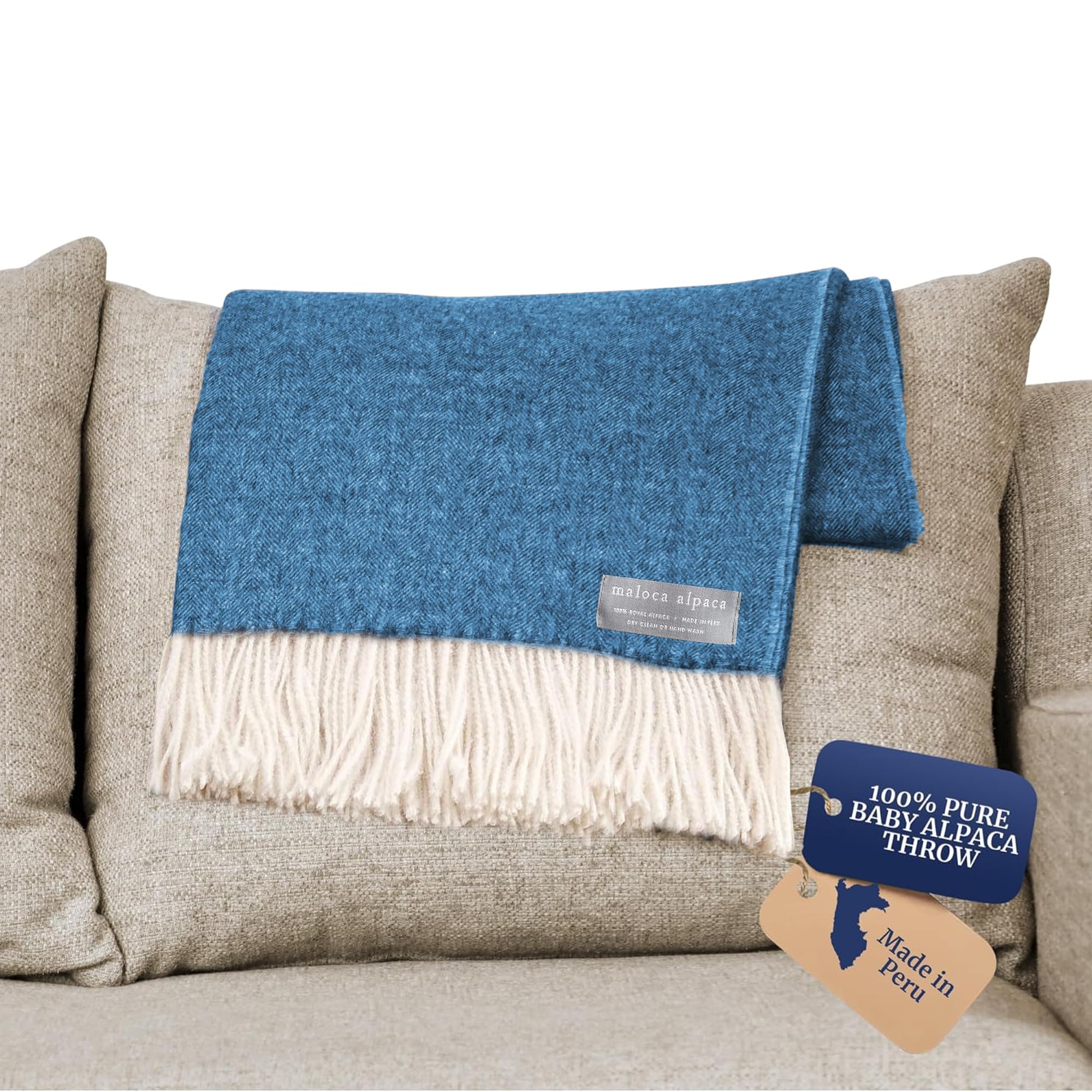 Ultra Soft Lightweight Throw Blanket - 100% Baby Alpaca Wool Herringbone Weave - Ethically Sourced & Hypoallergenic - Warmer Than Cashmere - Limited Edition Indigo Blue - Perfect for Cozy Nights, Sofa Lounging & Gift Giving