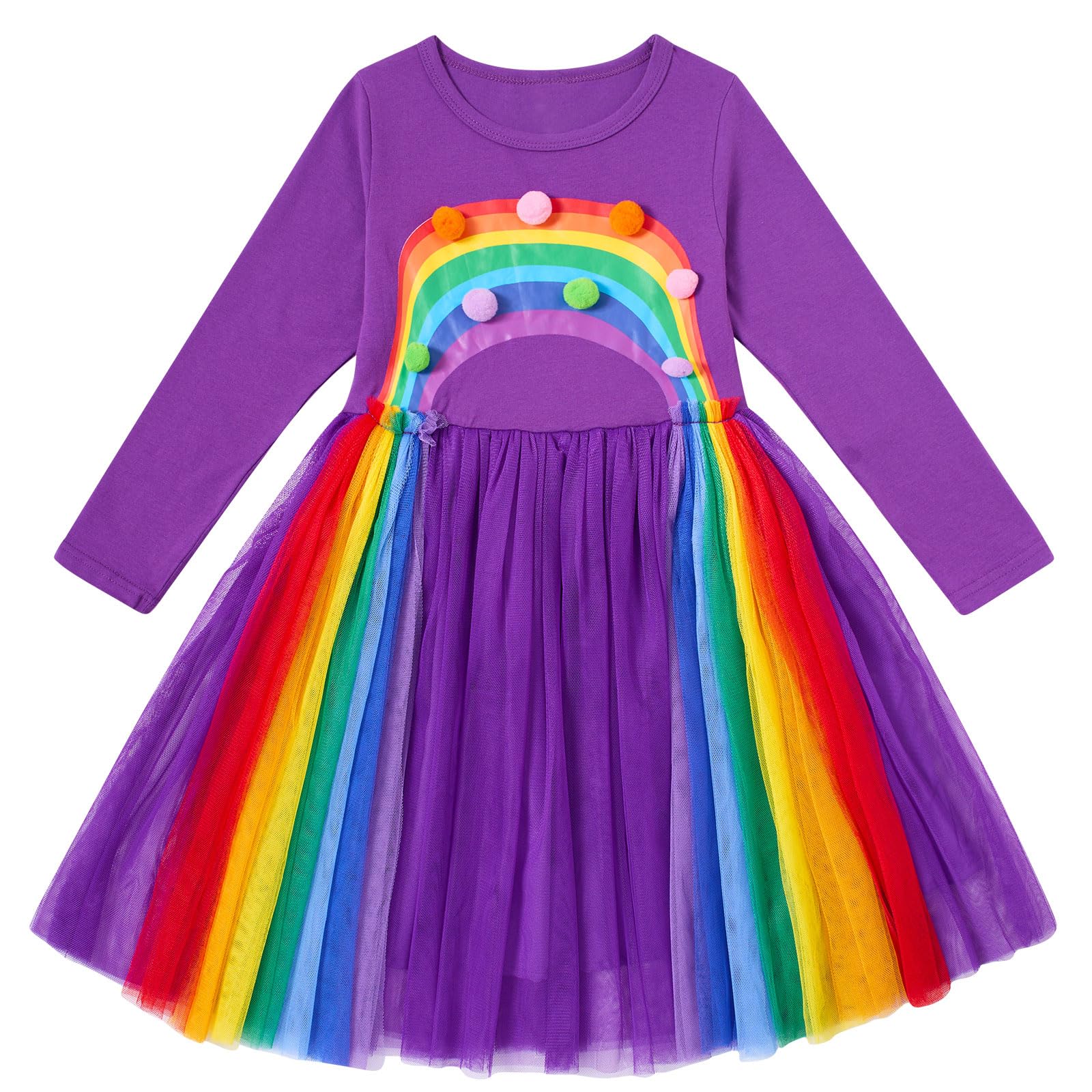 Vieille Girls Long Sleeve Rainbow Tulle Dress for Birthday Party & Spring Outfits - Elegant Princess Gown for Ages 3-7 Years - Perfect for Special Occasions, Photo Shoots & Holiday Celebrations