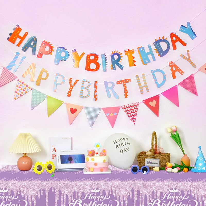 2 Pack Purple & Silver Glitter Diamond Happy Birthday Tablecloth - 70 x 51 Inch Party Table Cover for Boys & Girls Birthday Decorations - Perfect for Birthday Parties, Baby Showers & Special Events