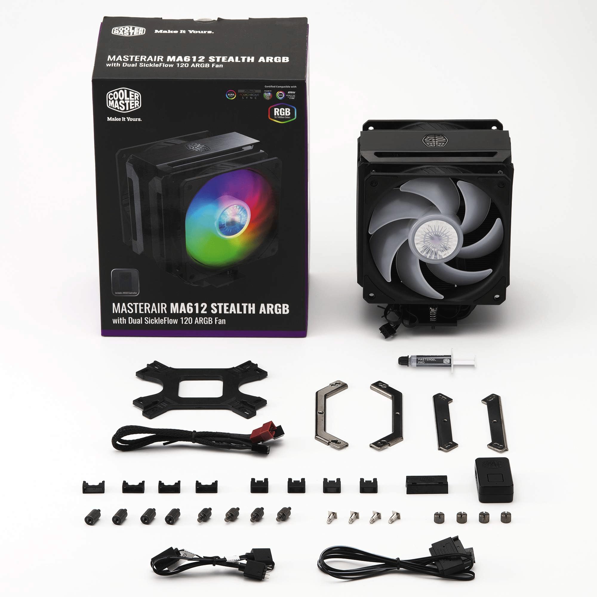 Cooler Master MasterAir MA612 Stealth ARGB CPU Air Cooler with Push-Pull SickleFlow 120 V2 ARGB Fans | 6 Heat Pipe Array | Universal Socket Compatibility | Unlimited RAM Clearance | Included Controller | Perfect for Gaming PC Builds & High-Performance Workstations