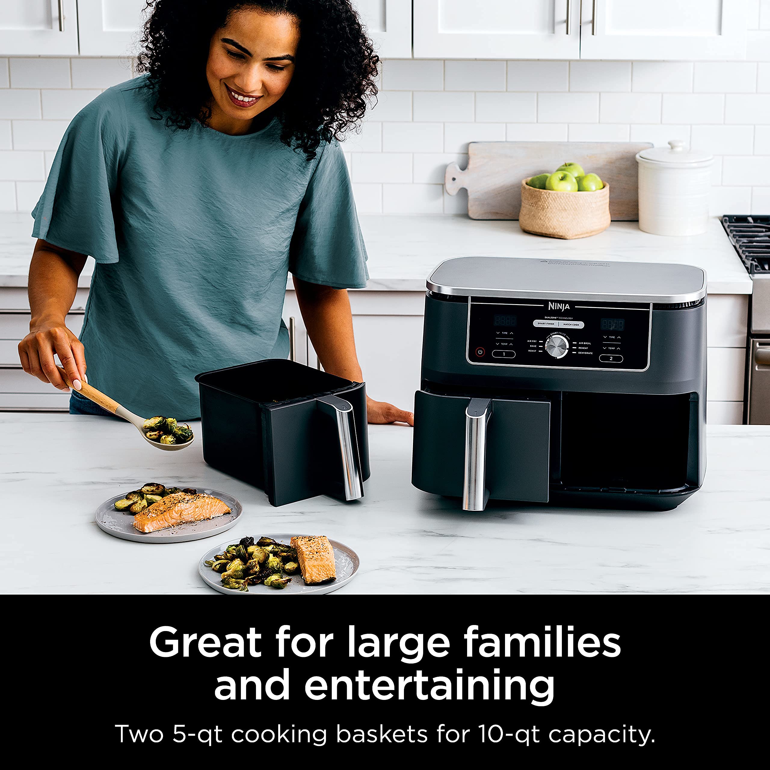 Ninja DZ401 Foodi 10 Quart 6-in-1 DualZone XL 2-Basket Air Fryer with Independent Frying Baskets - Roast, Broil, Dehydrate - Quick & Easy Cooking - Perfect for Family Dinners, Parties & Meal Prep - Grey (Renewed)