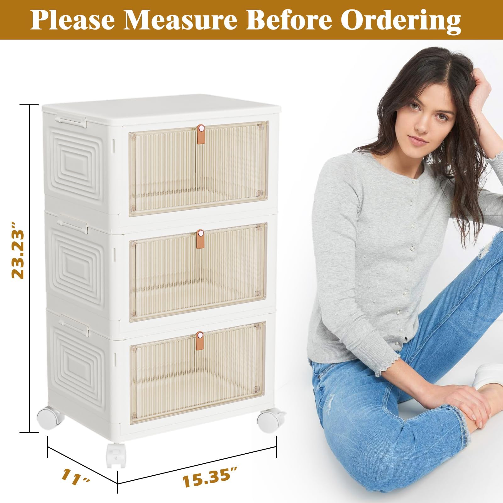 3-Tier Stackable Plastic Storage Bins with Lids - 23QT Collapsible Storage Containers with Wheels for Closet, Living Room, Office & Dorm Organization - Space-Saving Foldable Storage Boxes for Home, School and Workplace