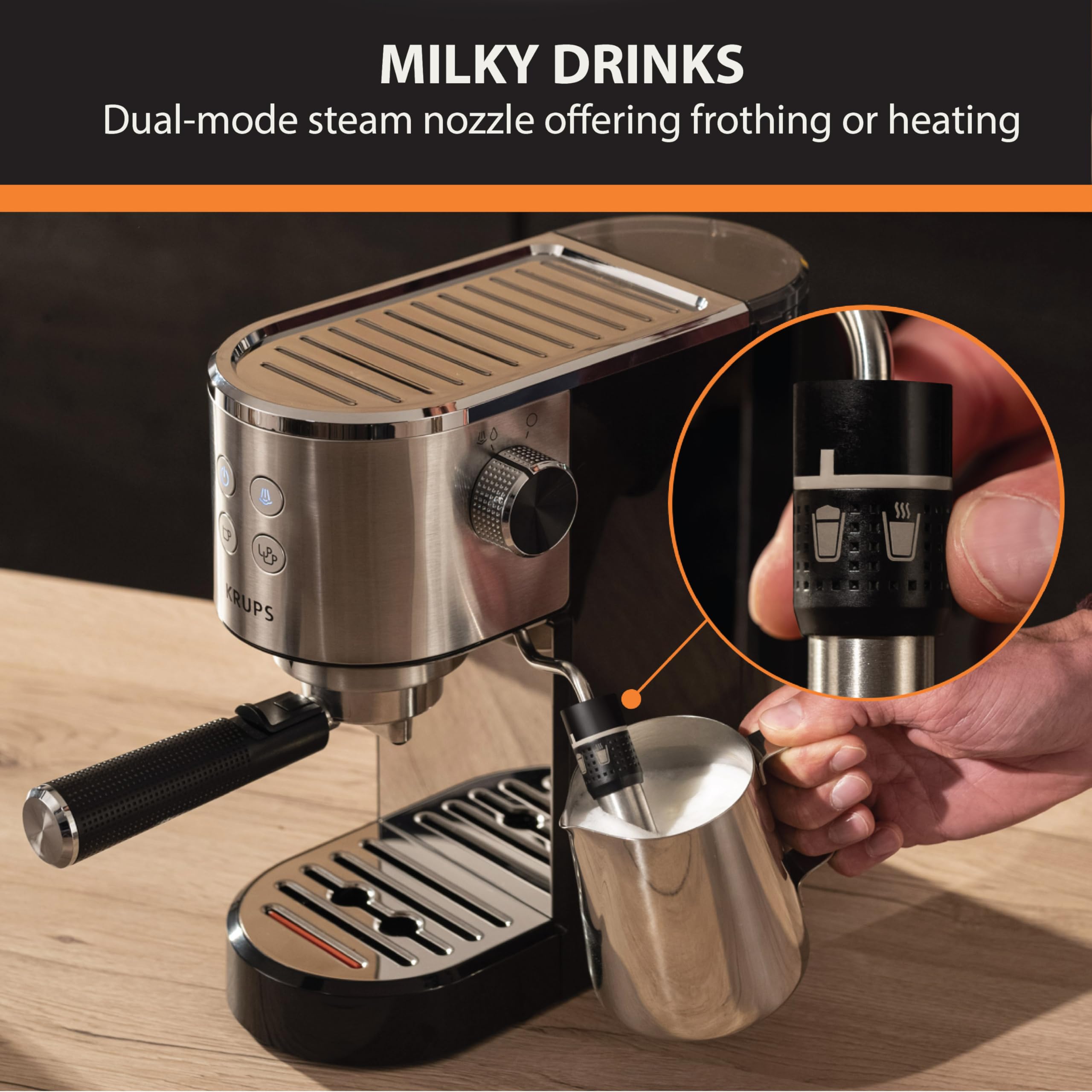 KRUPS Stainless Steel Espresso Machine with 15-Bar Pump Pressure & Milk Frother - Perfect for Cappuccino & Latte - Fast Pre-Heat, 2-Cup Capacity, Cup Warmer, Easy to Clean, 1350W, Silver - Ideal for Home Baristas & Coffee Lovers