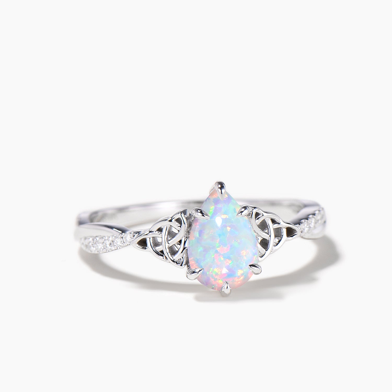 Elegant Teardrop Cut White Opal Twisted Engagement Ring with Diamond Accents – Celtic Knot Design for Wedding, Proposal & Anniversary Gifts