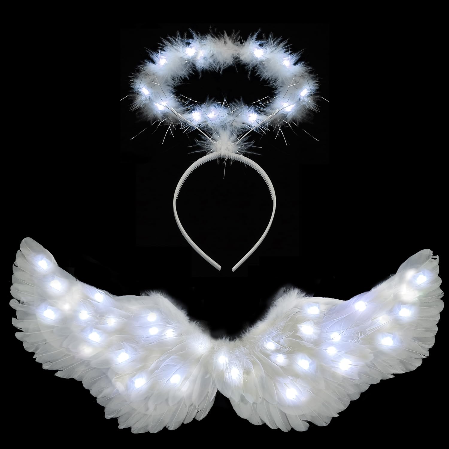 LED Light Up Angel Wings & Halo Set - White Costume Wings for Adults & Kids - Perfect for Halloween, Christmas, Cosplay, and Photo Shoots