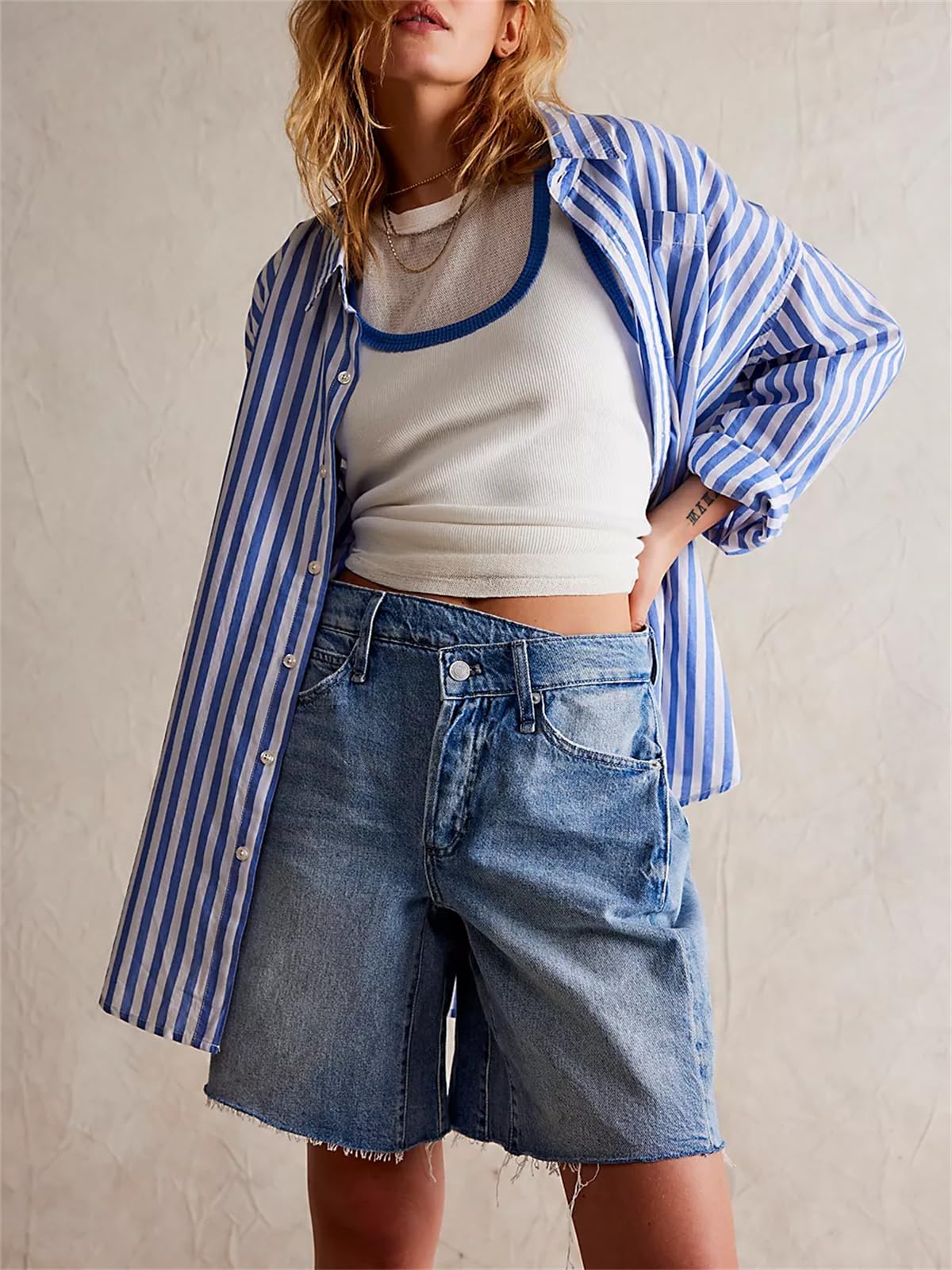 Women's High Waisted Long Jean Shorts - Straight Leg Frayed Raw Hem Denim Shorts | Y2K Summer Jorts for Casual Outfits, Beach Vacations & Street Style Fashion