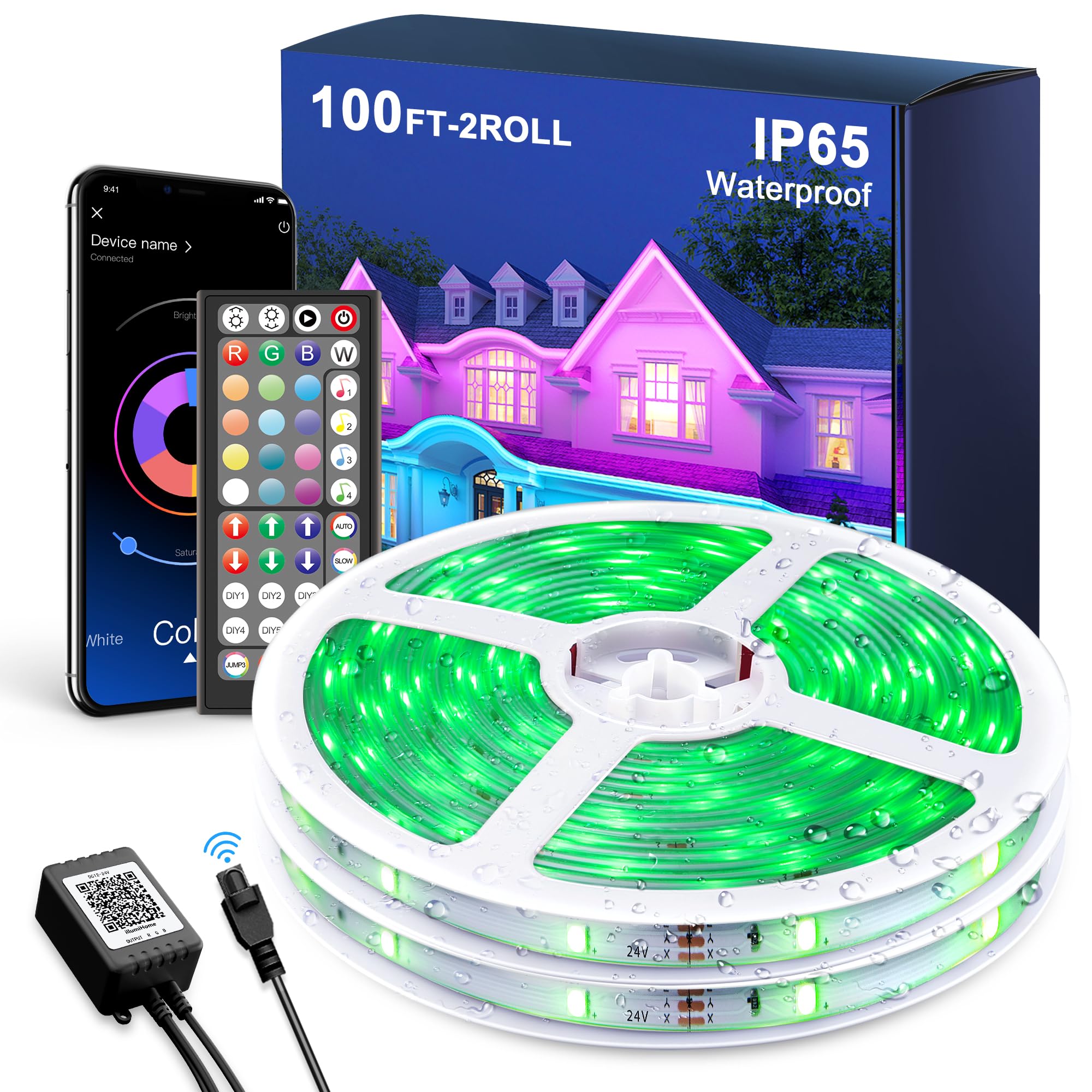 100ft Waterproof Outdoor LED Strip Lights - IP65 RGB Color Changing with App & Remote Control - Perfect for Trees, Yard, Balcony, Party, Patio & Holiday Decorations