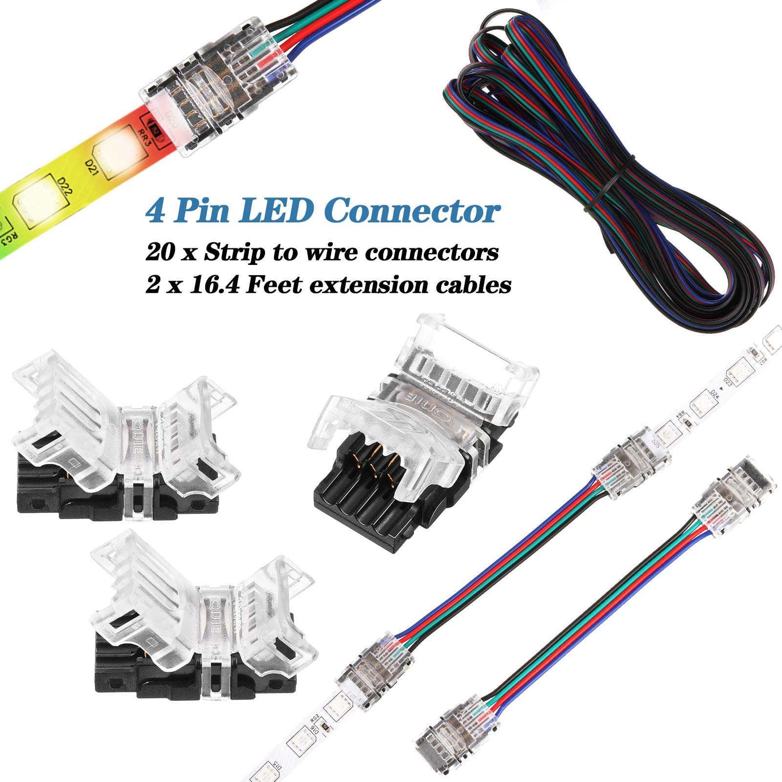 20-Pack 4-Pin Waterproof LED Strip Connectors for 10mm RGB 5050 LED Lights - Includes 2x 16.4ft Extension Cables - Perfect for Home Theater Lighting, Under Cabinet LED Strips, and DIY Lighting Projects