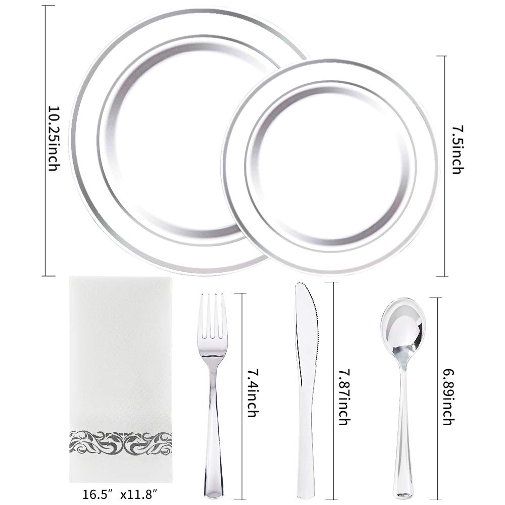 150-Piece Silver Plastic Disposable Dinnerware Set - Includes 25 Dinner Plates, 25 Salad Plates, 25 Forks, 25 Knives & 25 Spoons with 25 Napkins - Perfect for Parties, Catering & Outdoor Events