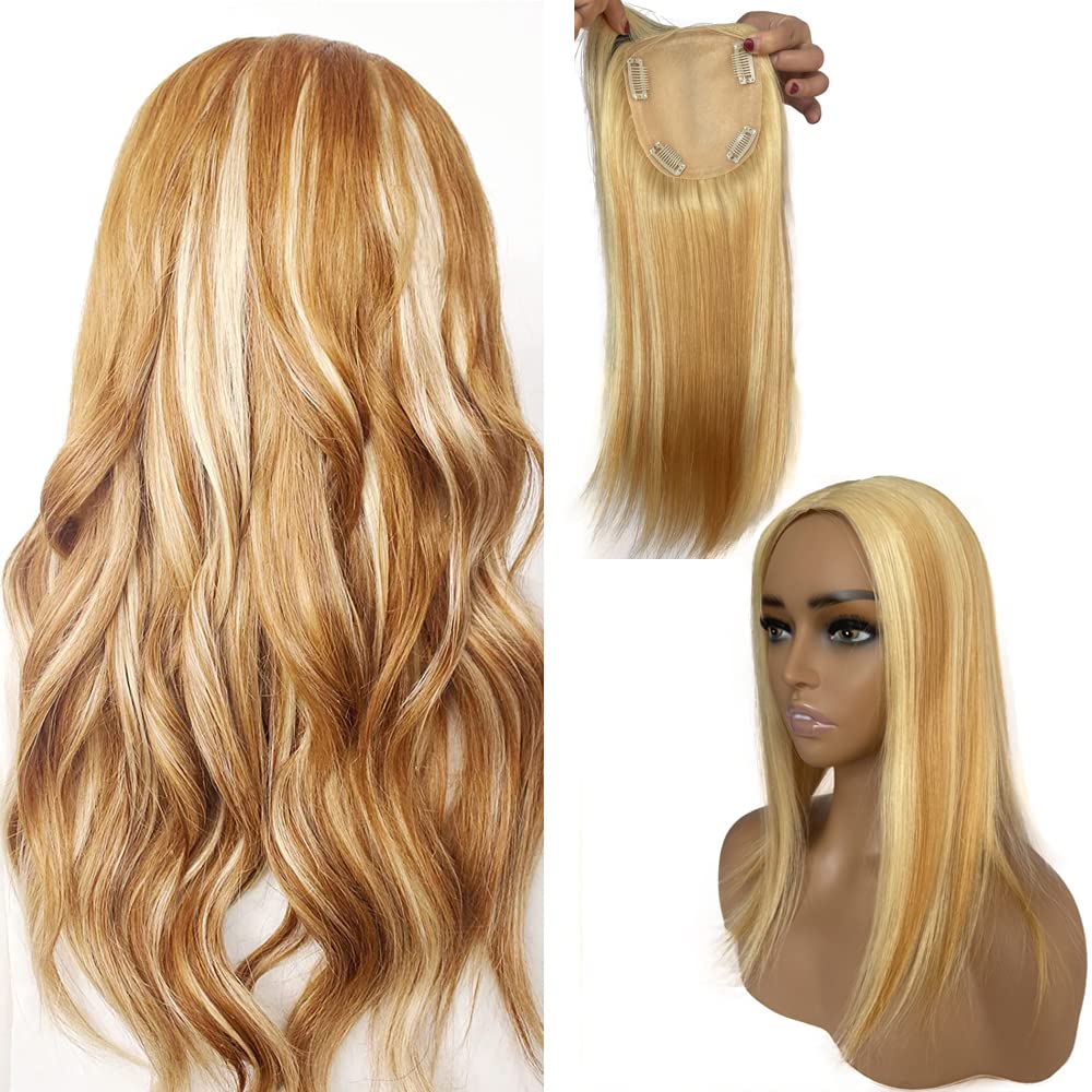 Premium 16Inch Silk Base Human Hair Toppers for Women - No Bangs Clip-in Crown Hairpiece for Thinning Hair & Hair Loss - Natural Gray Hair Coverage (#27/613 Blonde) - Perfect for Daily Wear, Special Occasions & Confidence Boost