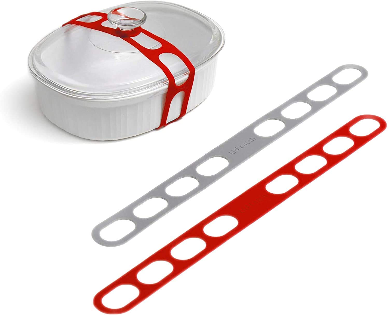 Universal Reusable Lid Latch Strap for Crockpots, Casserole Dishes, Pots & Pans - Secure Transport for Slow Cookers, Baking Dishes & Kitchen Cookware (Red/Grey Polybag) - Perfect for Picnics, Potlucks & Travel