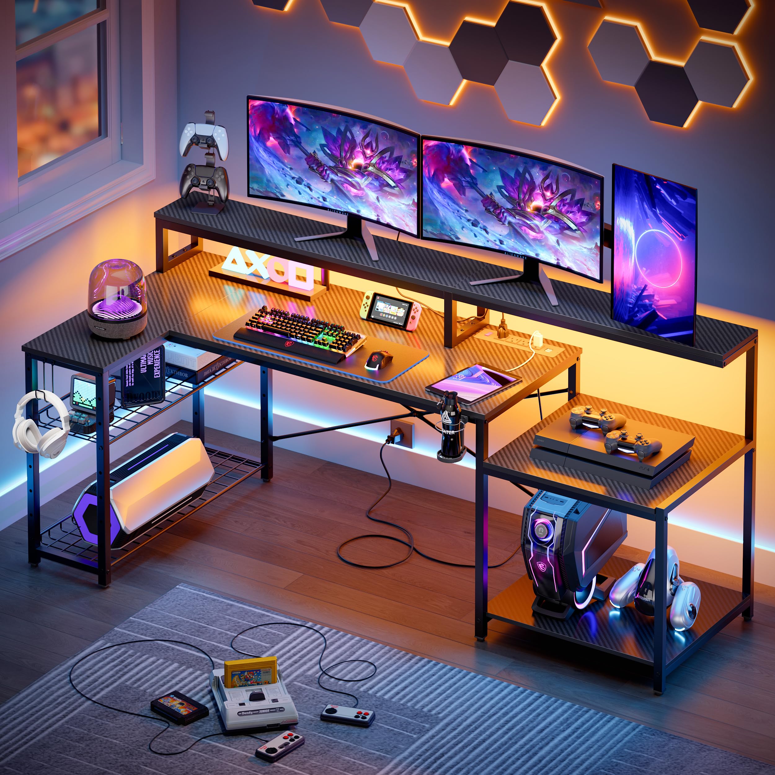 Bestier L-Shaped Gaming Desk with Power Outlets & LED Lights - Black Corner Computer Desk with Storage Shelf & Headset Hooks - Perfect for Home Office, Streaming Setup & Esports Gaming Stations