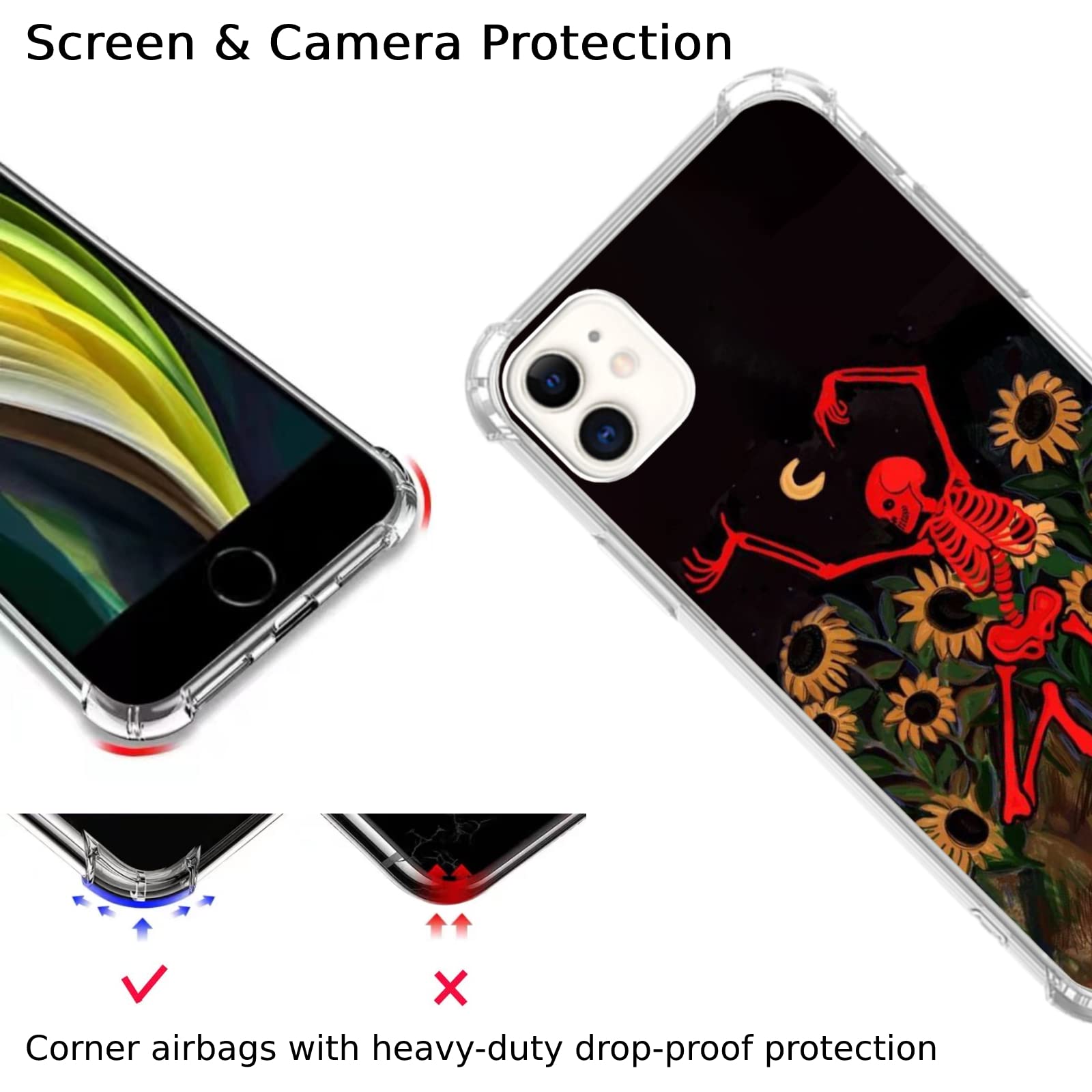 Dancing Skull Sunflowers Moon Pattern iPhone 11 Case - Trendy TPU Bumper Phone Cover for Men & Women | Perfect for Parties, Halloween & Gothic Fashion