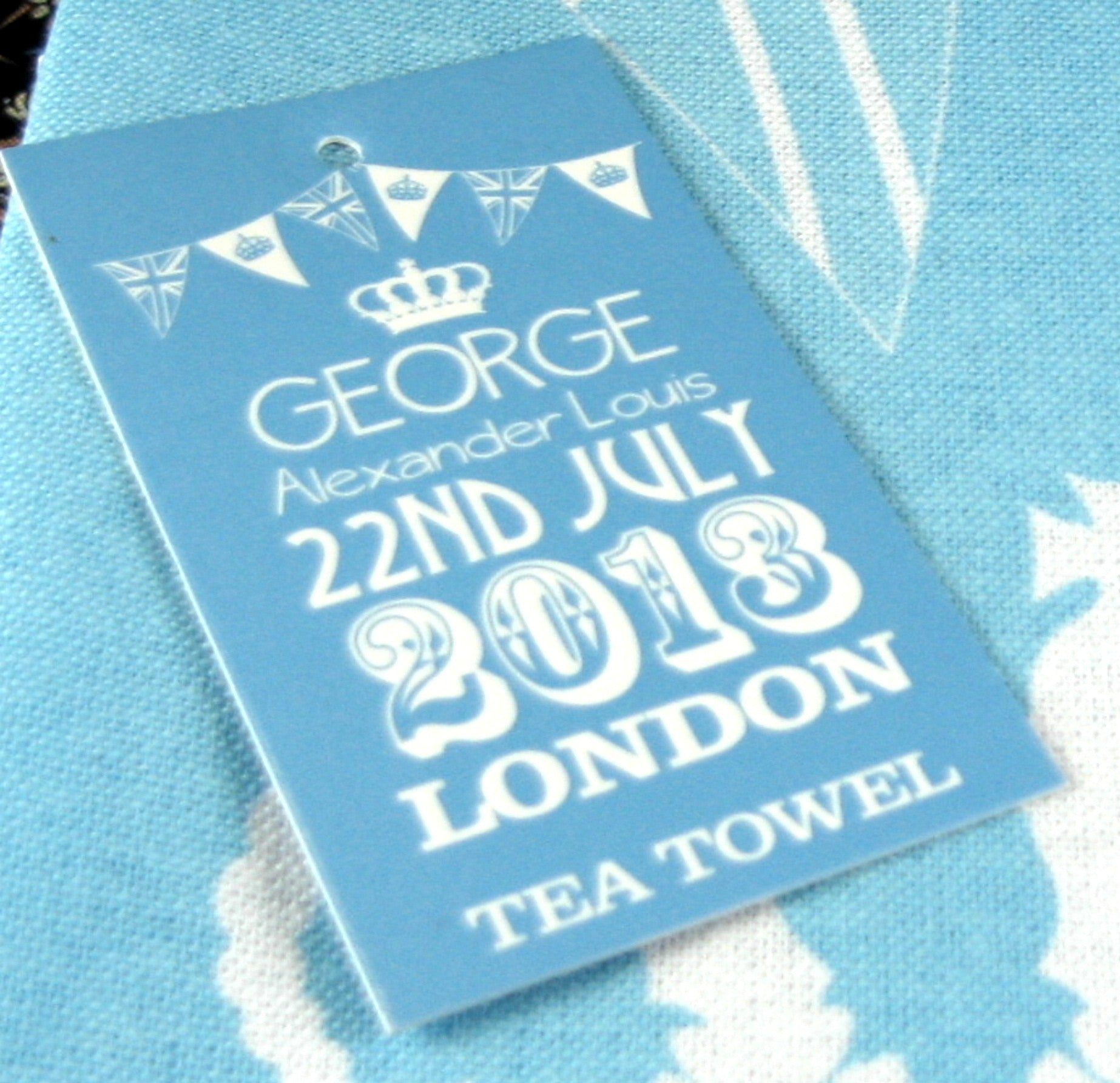 Prince George Birth Commemorative Tea Towel - Blue and White Design 2013 - Perfect for Royal Family Fans, Baby Showers & British Themed Parties