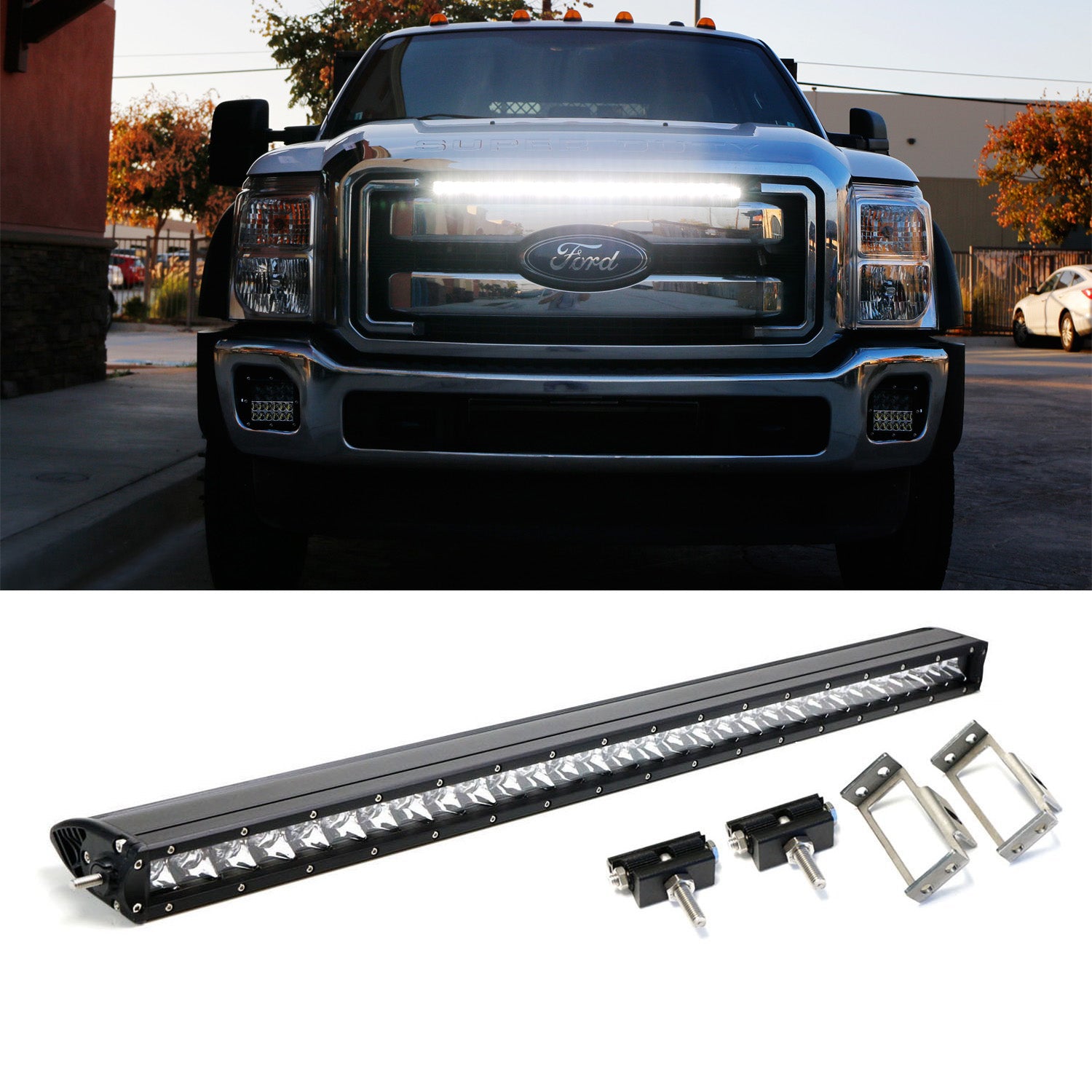 150W 30-Inch LED Light Bar with Behind Grille Mount Bracket & Wiring Kit - Compatible with 2011-2016 Ford F250 F350 Super Duty Trucks - Perfect for Off-Roading, Camping & Night Driving