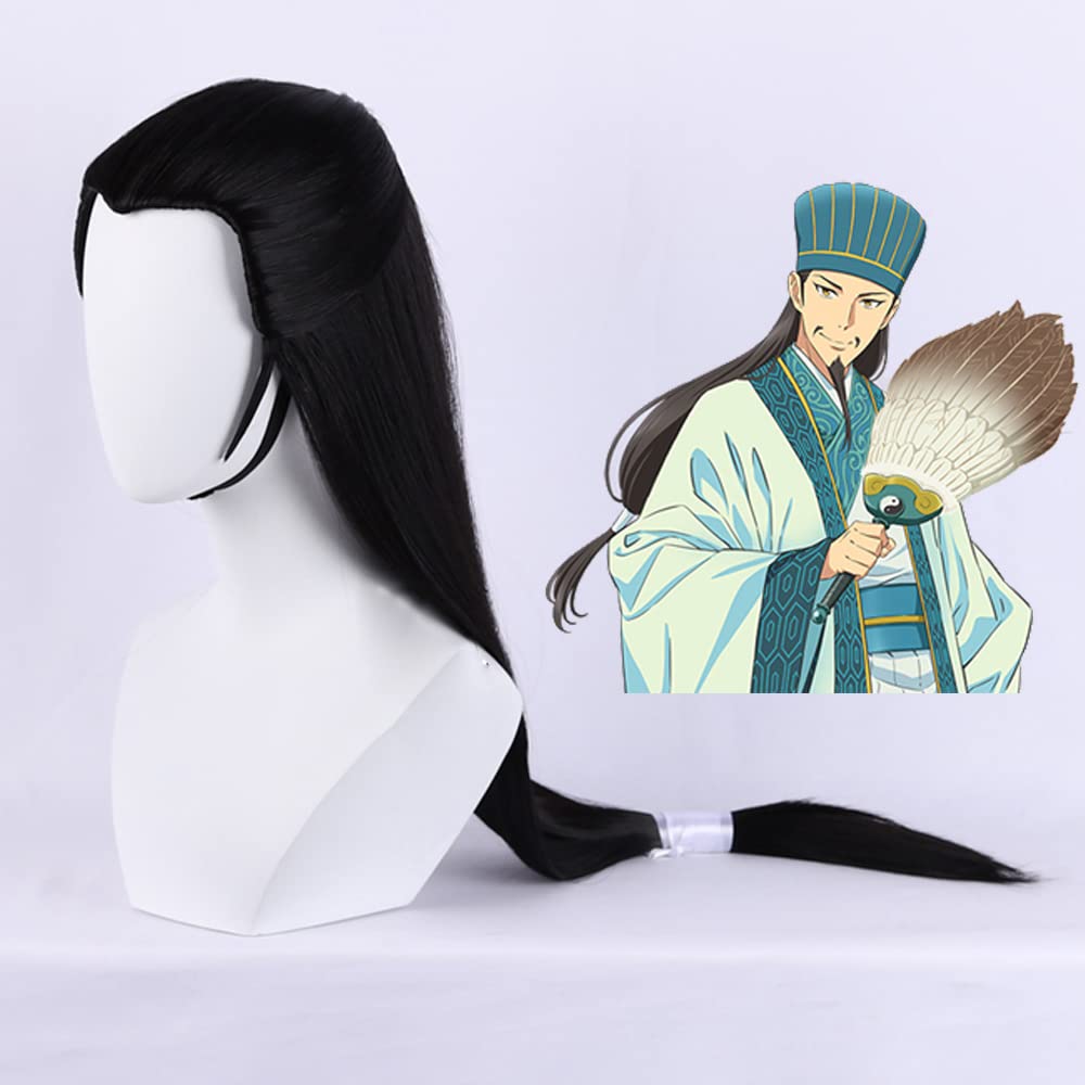 Anime Zhuge Kongming Black Long Wig with Ribbon - Perfect for Halloween Cosplay, Party Costume, and Anime Convention Accessories