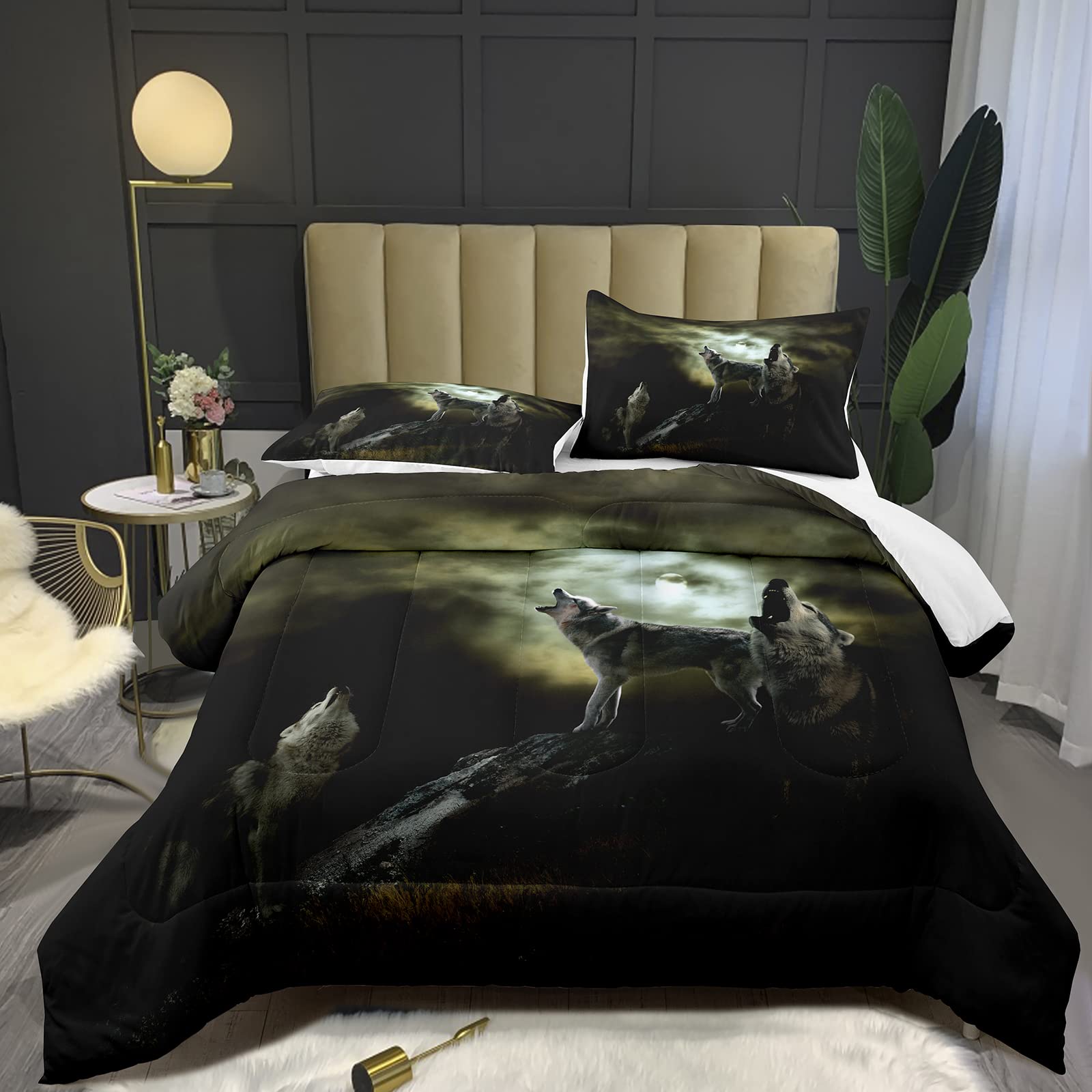 Wild Wolf 3D Printed Comforter Set Queen Size for Boys & Men - Includes 1 Comforter & 2 Pillow Shams - Animal Themed Bedding with Matching Pillowcases (#4020) - Perfect for Teen Bedrooms, Hunting Lodge Decor or Wilderness Themed Spaces