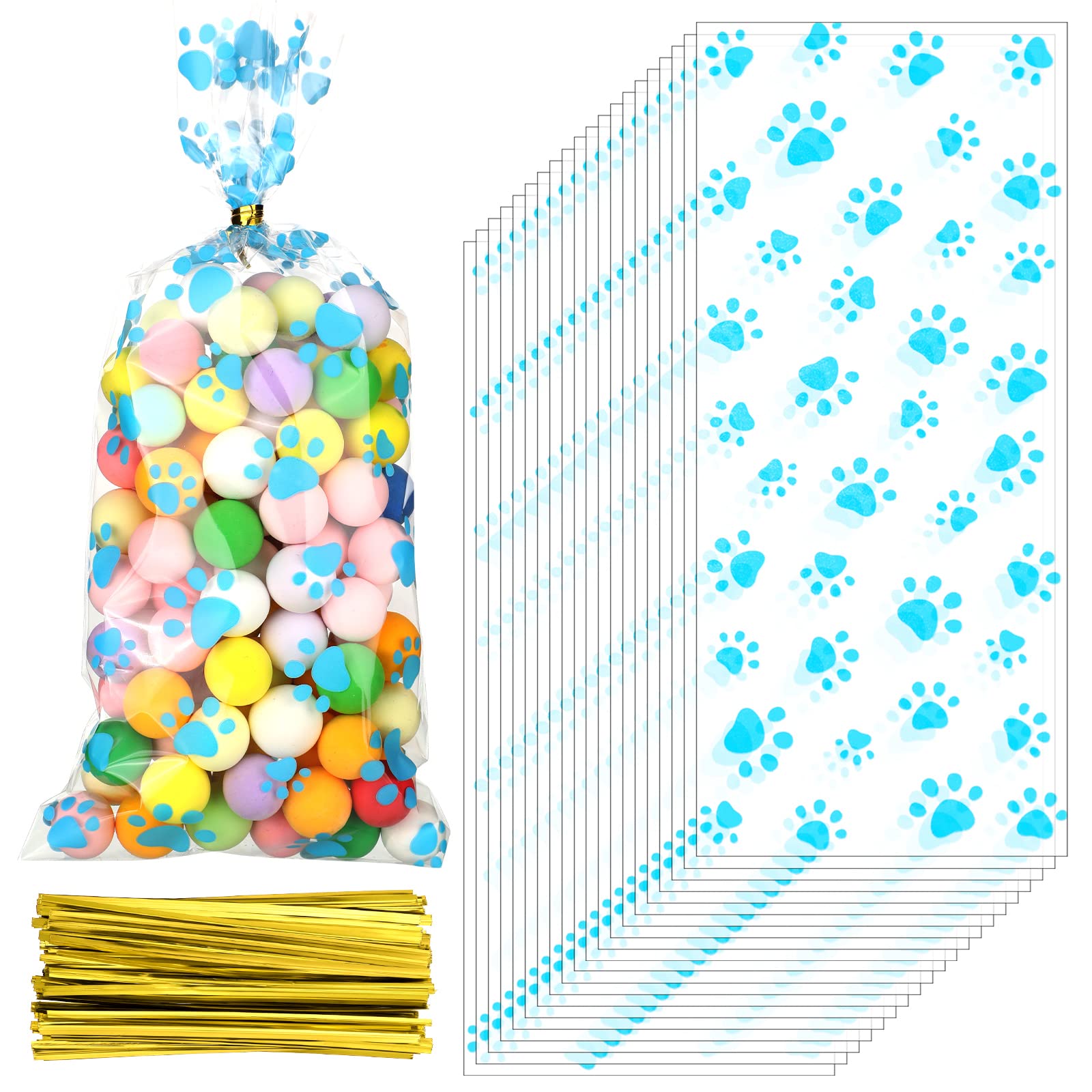 150 Pcs Blue Dog Paw Print Cellophane Bags with Twist Ties - Pet Treat Candy Cookie Bags for Dog Birthday Party Favors, Decorations & Gift Packaging - Perfect for Dog Lovers, Pet Events & Holiday Celebrations