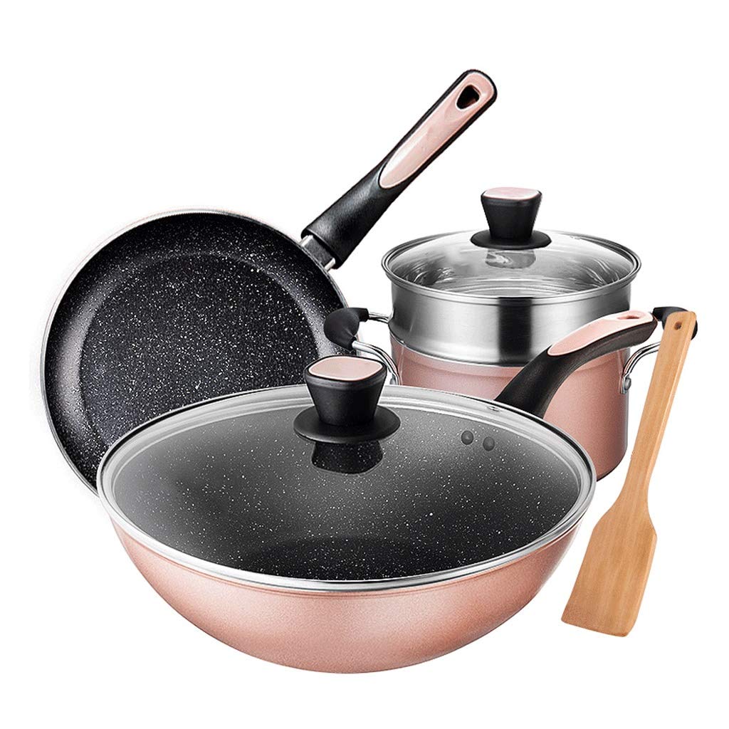 Non-Stick Maifan Stone Soup Pot Set - 3-Piece Kitchen Cookware with Wok & Frying Pan, Pink Stockpot for Home Cooking | Perfect Gift for Housewarming & Daily Meal Prep