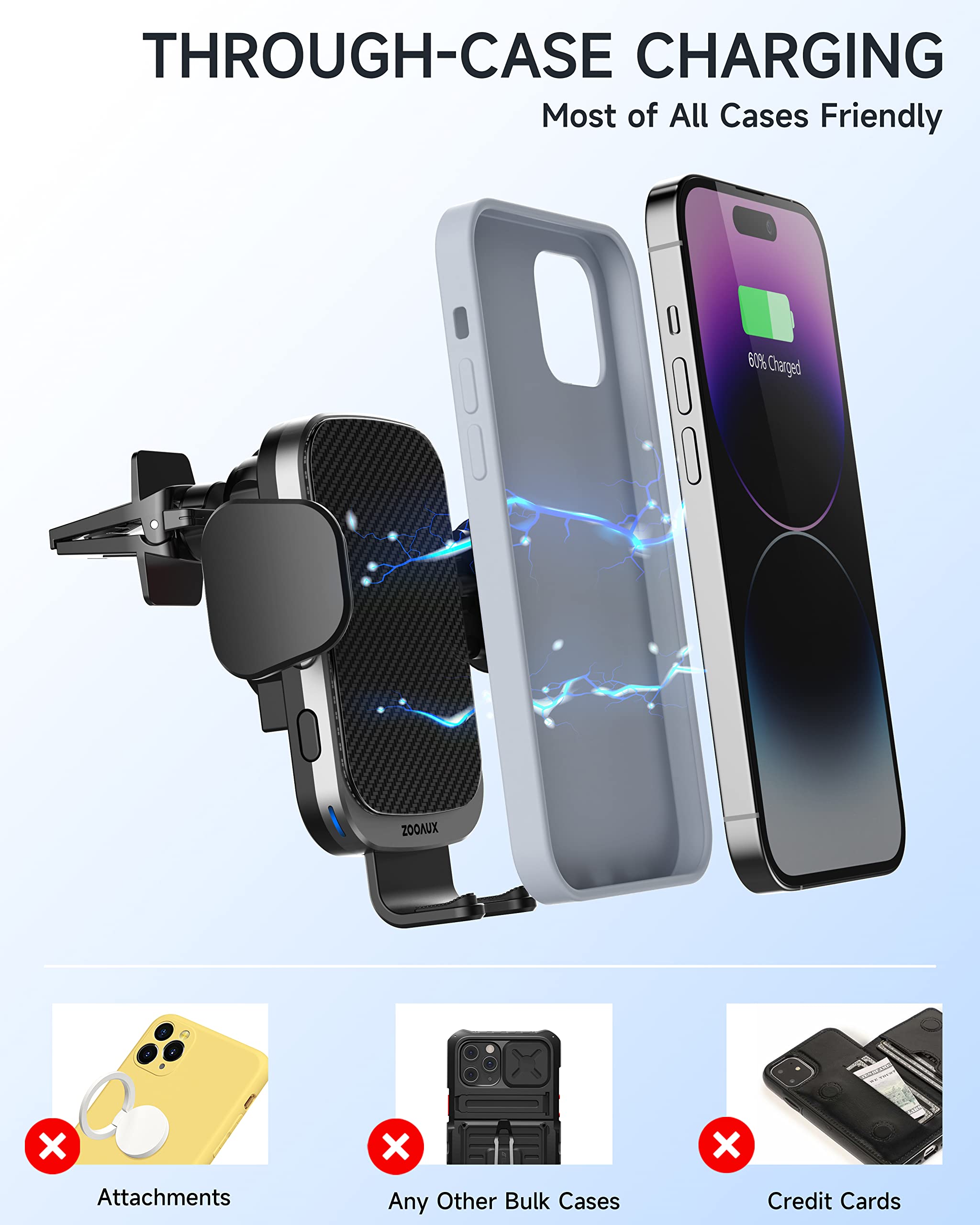 ZOOAUX 15W Fast Wireless Car Charger Vent Mount - Auto-Clamping Phone Holder for iPhone 15/15 Pro/14/13/XR/XS/X/8 & Samsung S24/S23/S22/S21/S10 - Secure Hands-Free Charging While Driving (Grey)