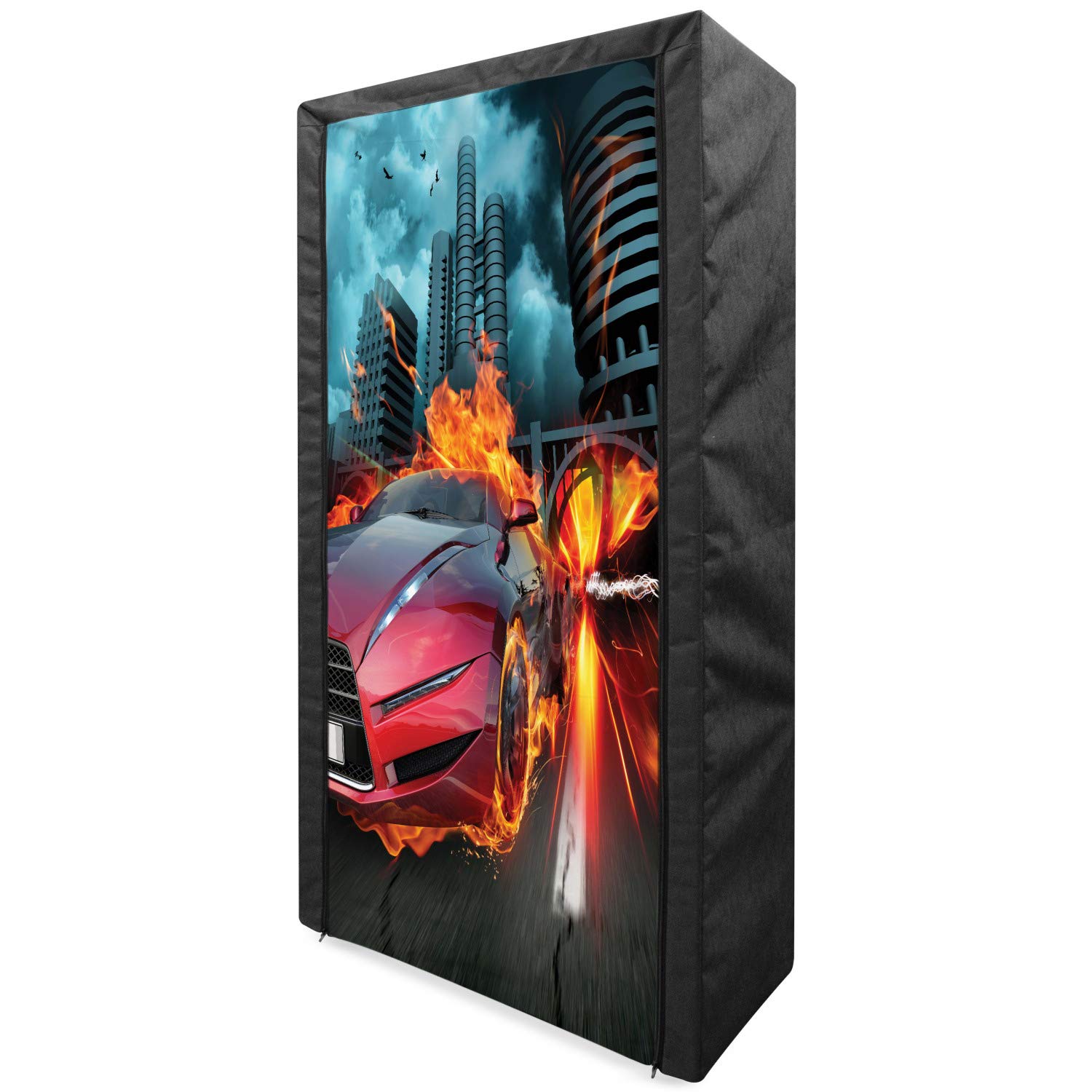 Ambesonne Portable Fabric Wardrobe - Hot Red Concept Car Design with Blazing Tires & Speeding Birds - 33.5