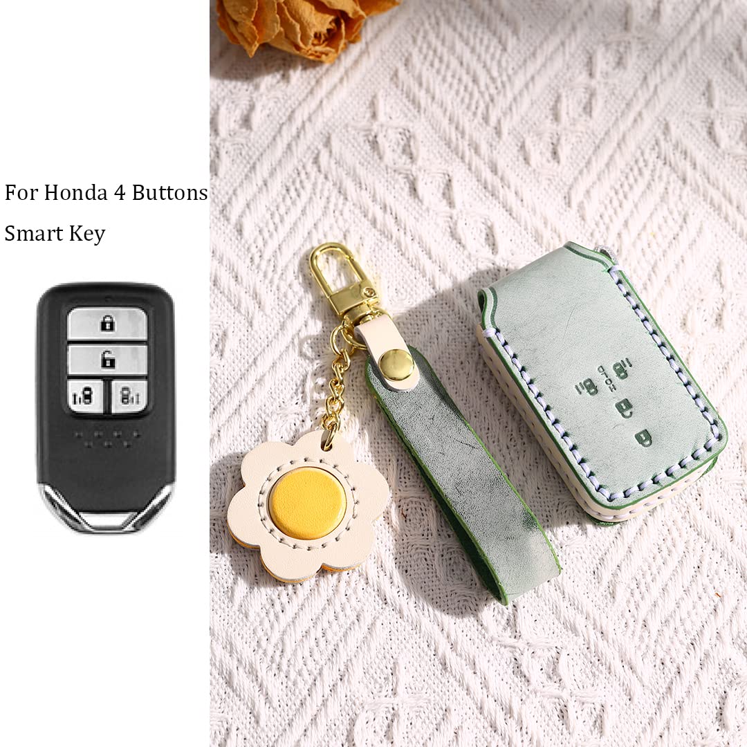 Premium Genuine Leather Car Key Fob Cover for Honda Accord Civic CRV Odyssey - 4 Button Protective Shell Case with Keychain (Green) | Durable Accessory for Daily Use & Car Key Protection