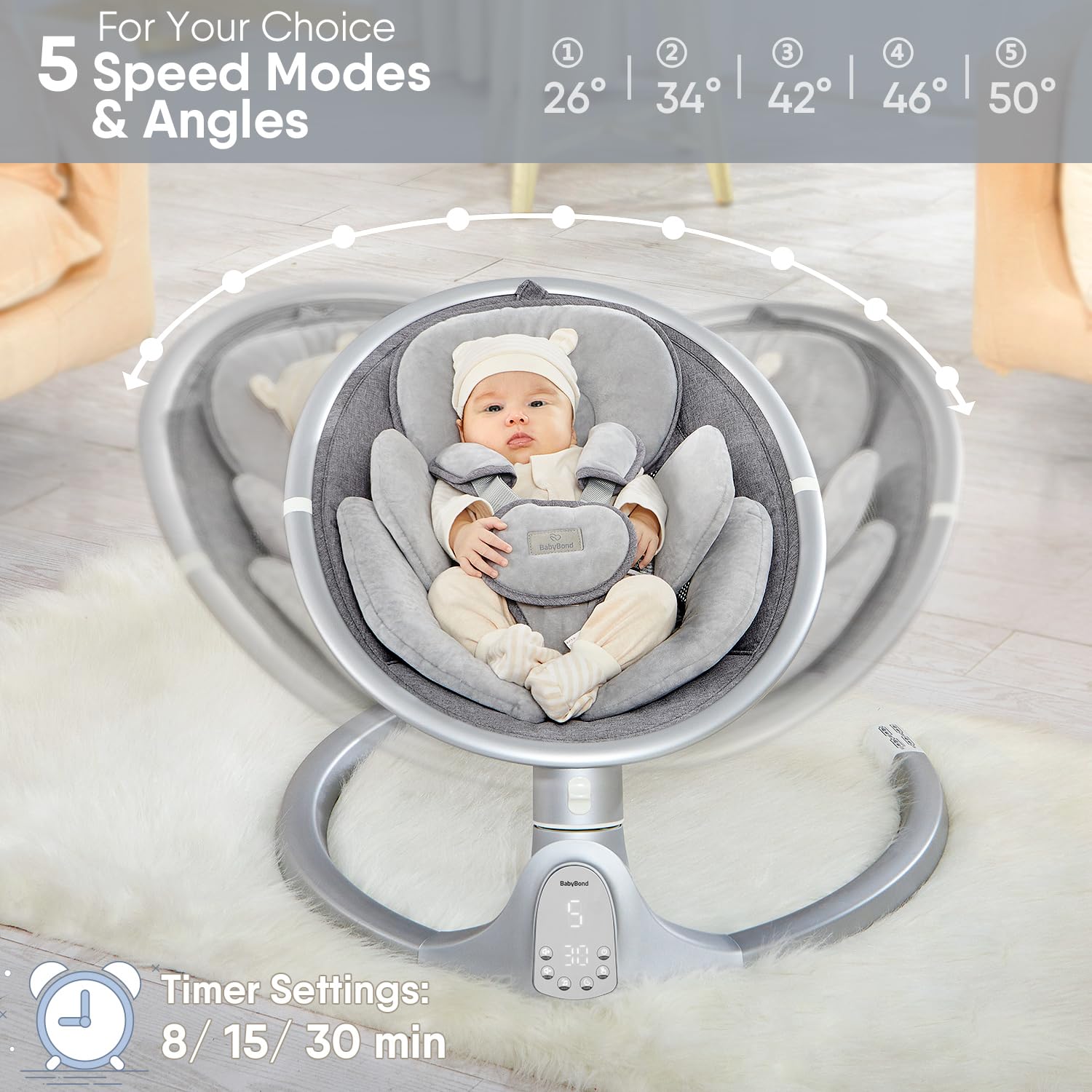 BabyBond Bluetooth Baby Swing for Infants - 10 Preset Lullabies, 5-Speed Adjustable Rocking, 5-Point Safety Harness & Remote Control - Portable Infant Swing for Nursery, Travel, Indoor & Outdoor Use (Aluminum Frame)
