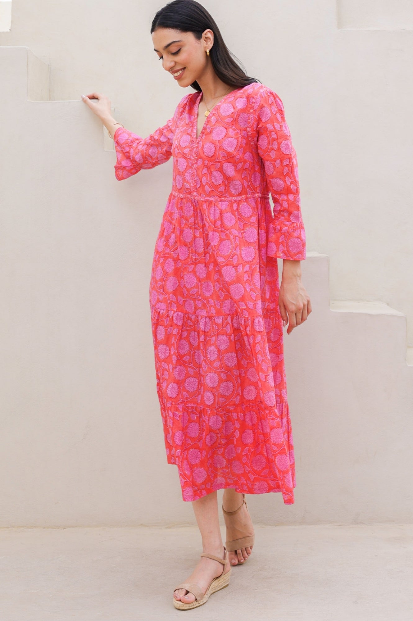 Hayden Block Print Dress in Mara Red & Pink | Floral Cotton Maxi Dress for Women | Perfect for Summer, Beach, and Boho Fashion