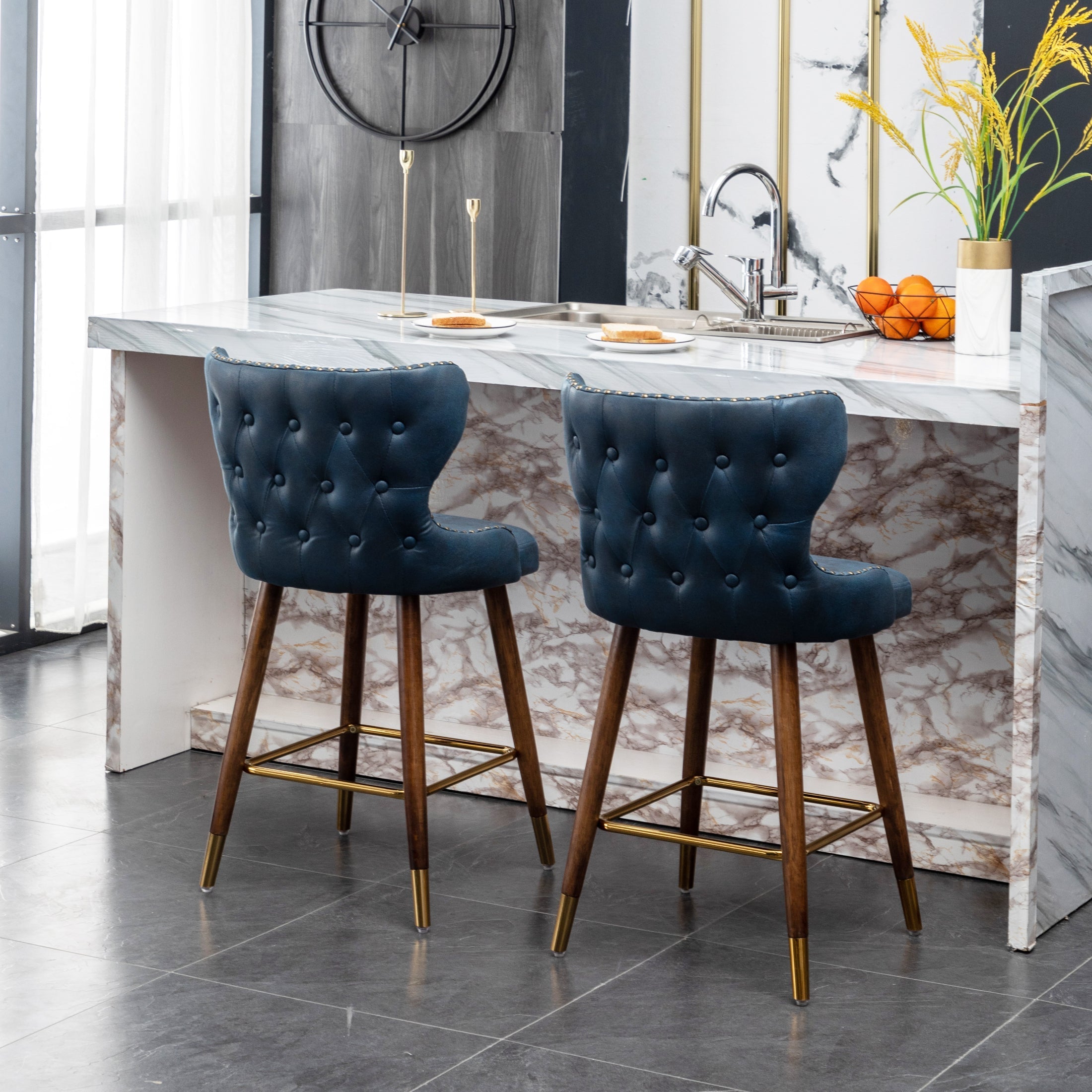 Roundhill Furniture Nevis Mid-Century Modern Faux Leather Tufted Counter Stool with Nailhead Trim - Set of 2, Blue - Perfect for Kitchen Islands, Breakfast Bars & Home Decor