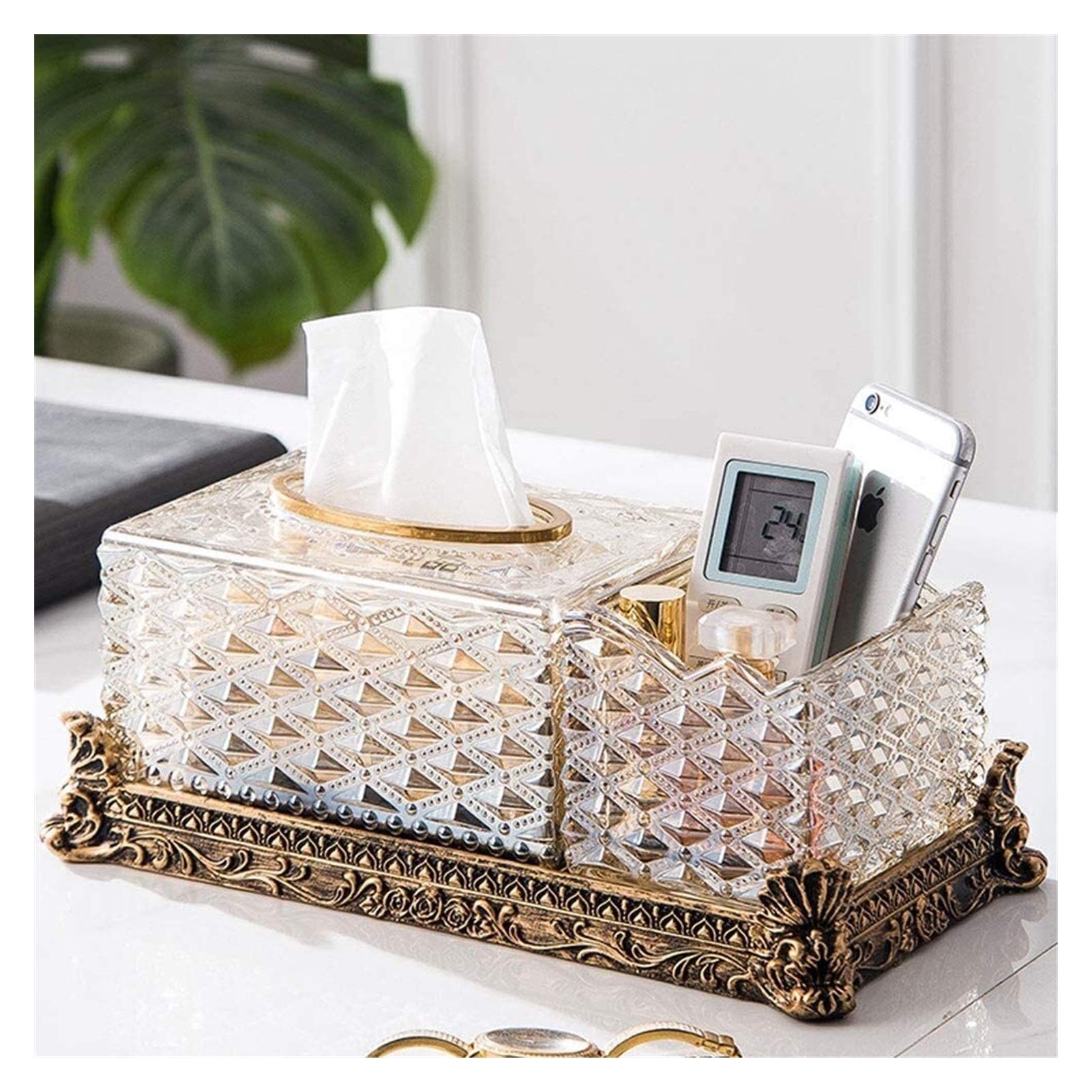 Crystal Glass Tissue Box Cover & Napkin Holder - Decorative Remote Control and Makeup Organizer - Stylish Desktop Caddy for Home, Office, Bathroom Storage