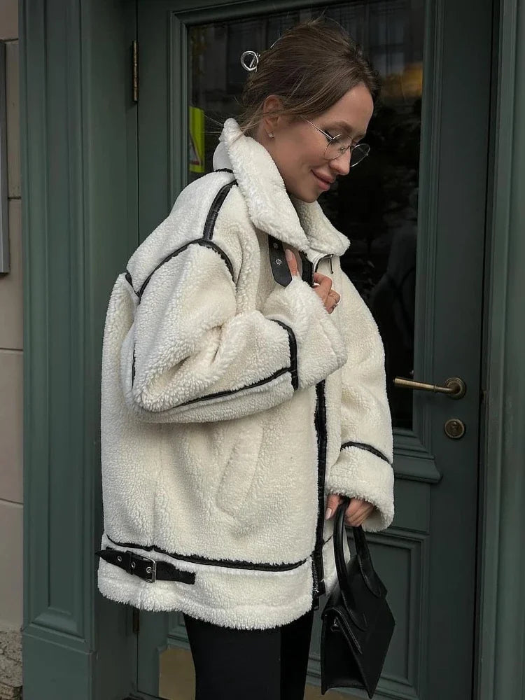 Women's Faux Fur Jacket with Zipper - Warm Winter Coat Long Sleeve Lapel Outerwear for Cold Weather | Cozy Casual Style for Fall and Winter Outfits, Office Wear, Date Nights and Outdoor Activities