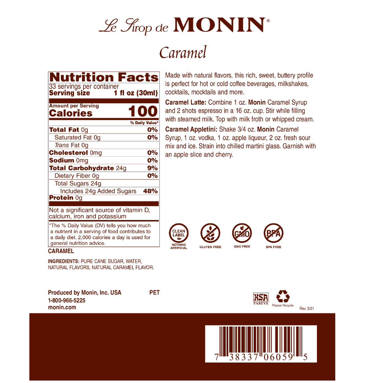 Monin Caramel Syrup - Premium Gourmet Coffee & Dessert Flavoring (25.4 oz) - Perfect for Lattes, Cocktails, Baking & Ice Cream Toppings