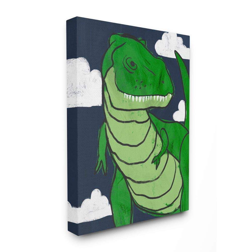 Stupell Industries T-Rex Dinosaur Wall Art for Kids - Green Dinosaur & Blue Sky Illustration by Daphne Polselli - 36x48 Inch Canvas Print - Perfect for Nursery, Playroom & Kids Bedroom Decor