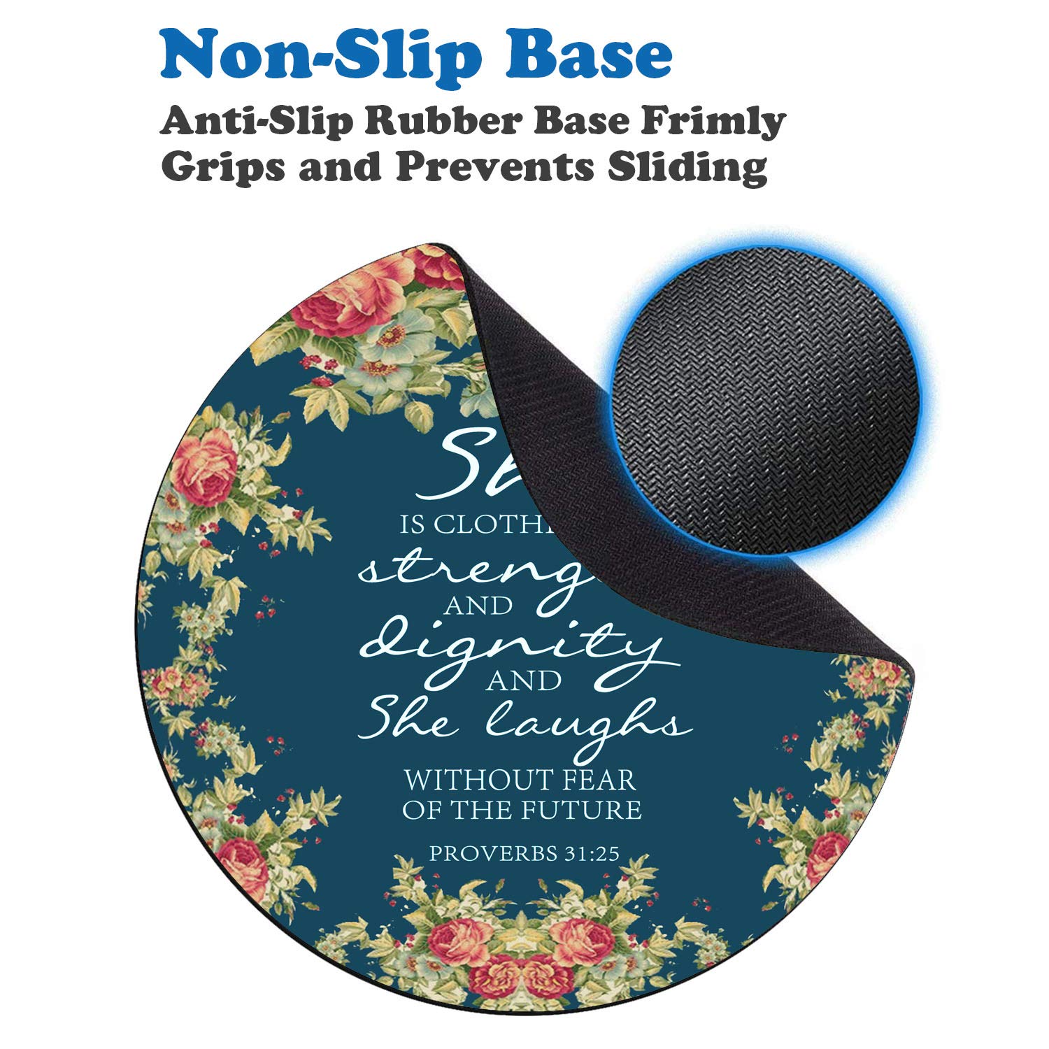 Floral Christian Bible Verse Mouse Pad Set - Non-Slip Round Gaming Mousepad with Coasters Featuring Proverbs 31:25 Design for Computer & Laptop - Perfect for Home Office, Gaming Setup, and Bible Study Workspace