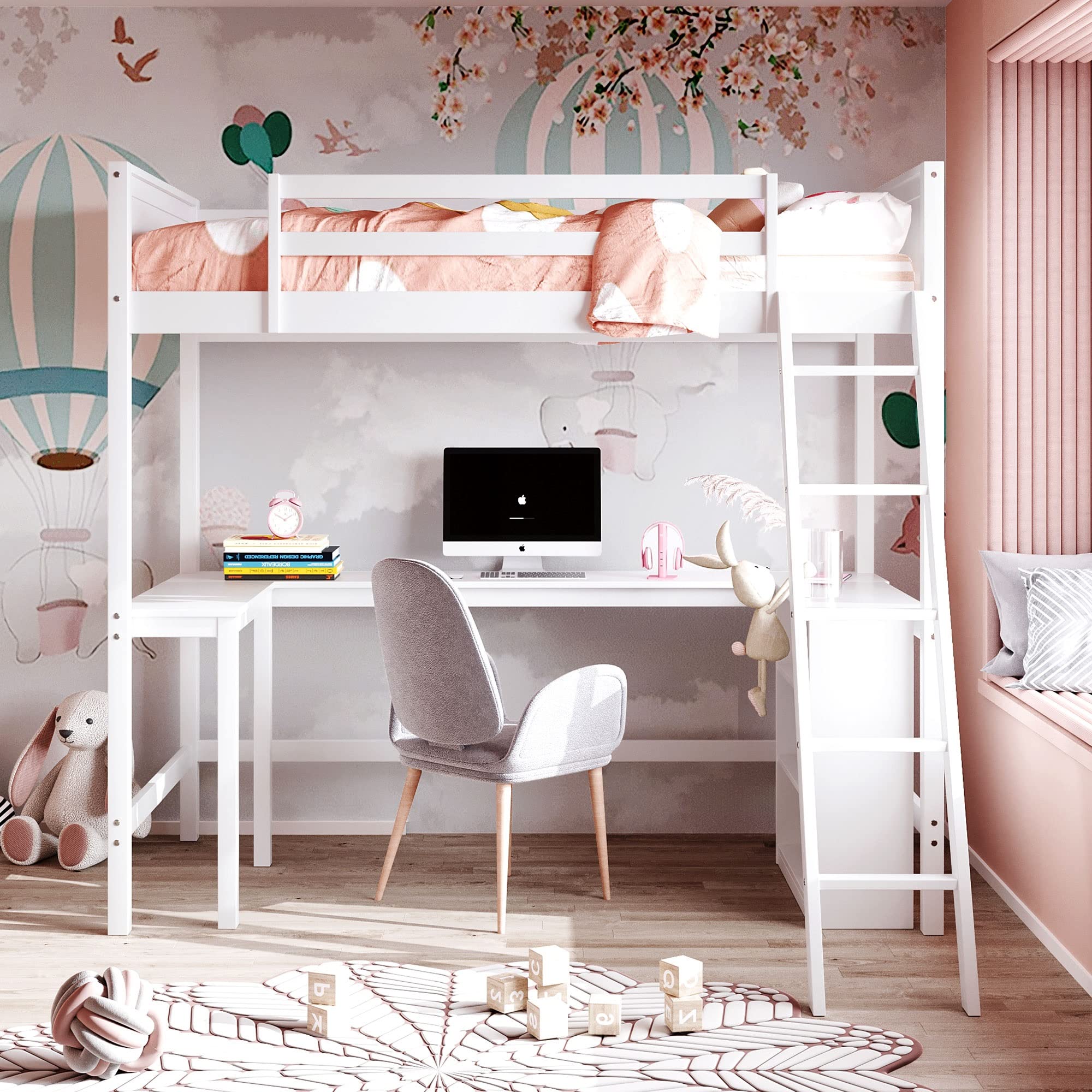 Twin Loft Bed with Desk & Shelves, Sturdy Wood Loft Bed Frame with Storage Drawers for Kids, Teens & Adults - White | Perfect for Small Spaces, Dorm Rooms & Multi-Functional Bedroom Furniture