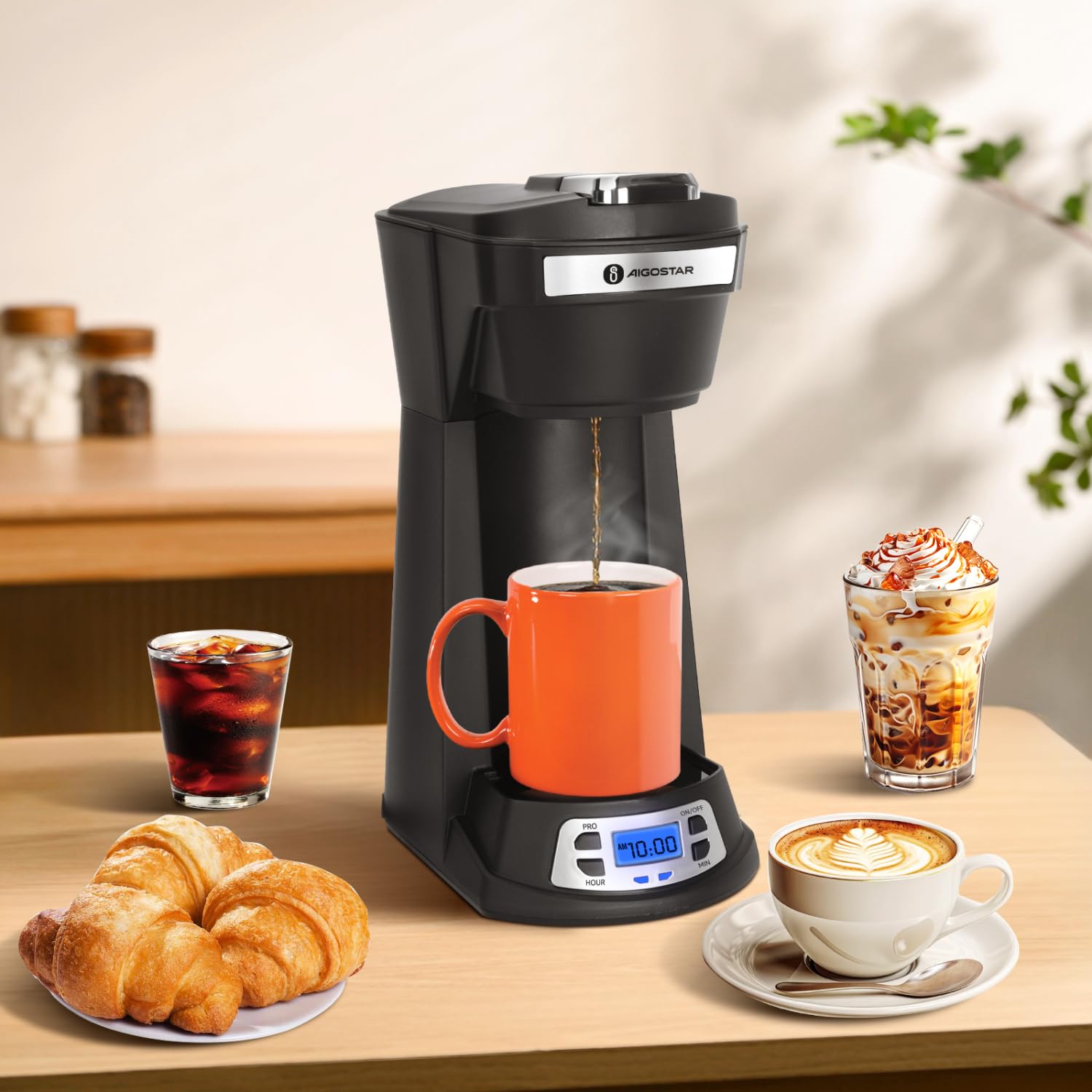 Aigostar Single Serve Coffee Maker for K-Cup & Ground Coffee - 24H Programmable Timer, 6-14 Oz Brew Size, Fast Brewing Capsule Machine with Self-Cleaning Function, Fits Travel Mugs - Perfect for Home, Office & Dorm Use