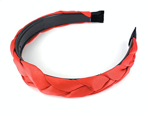 Red Satin Braided Headband - Soft Fabric Covered with Grip Teeth, 7/8 Inch Wide for Women - Perfect for Yoga, Workouts, and Everyday Fashion