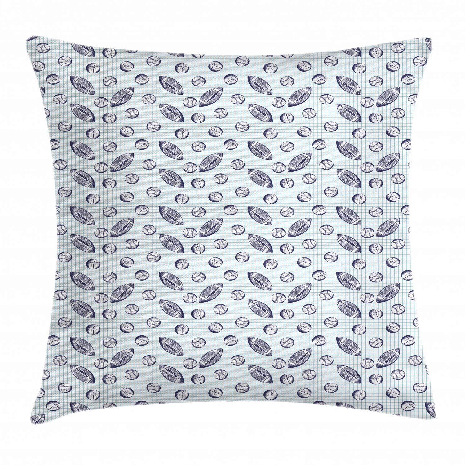 Ambesonne 28x28 Inch Baseball Themed Throw Pillow Cover - Pigskin & Baseballs on Checkered Book Pattern - Indigo & Pale Blue Decorative Cushion Case for Living Room, Bedroom, Dorm Decor