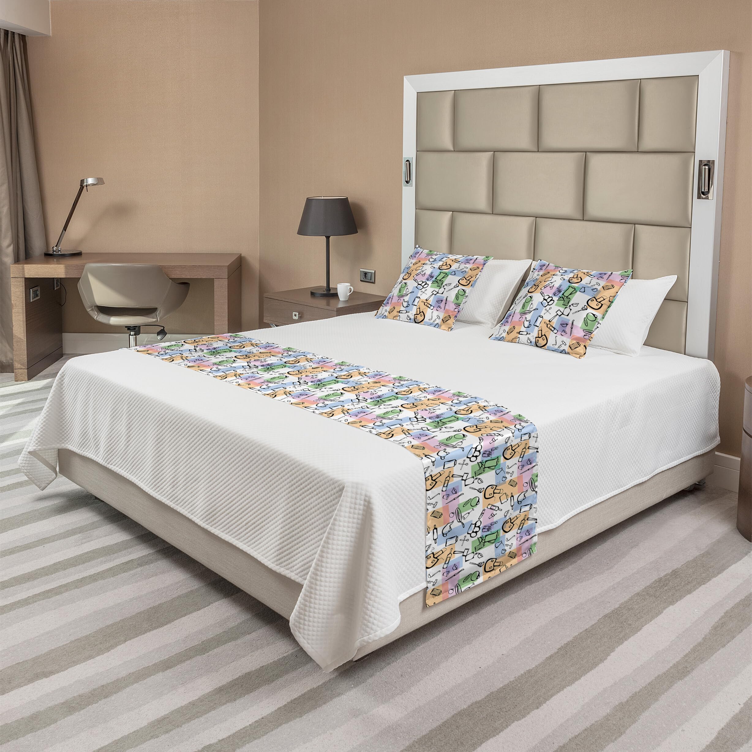 Ambesonne Abstract Bed Runner Set with 2 Pillow Shams - Colorful Rectangles Chef's Table Design for Home & Hotel Decor | Kitchen & Dining Room Decorative Bedding Scarf