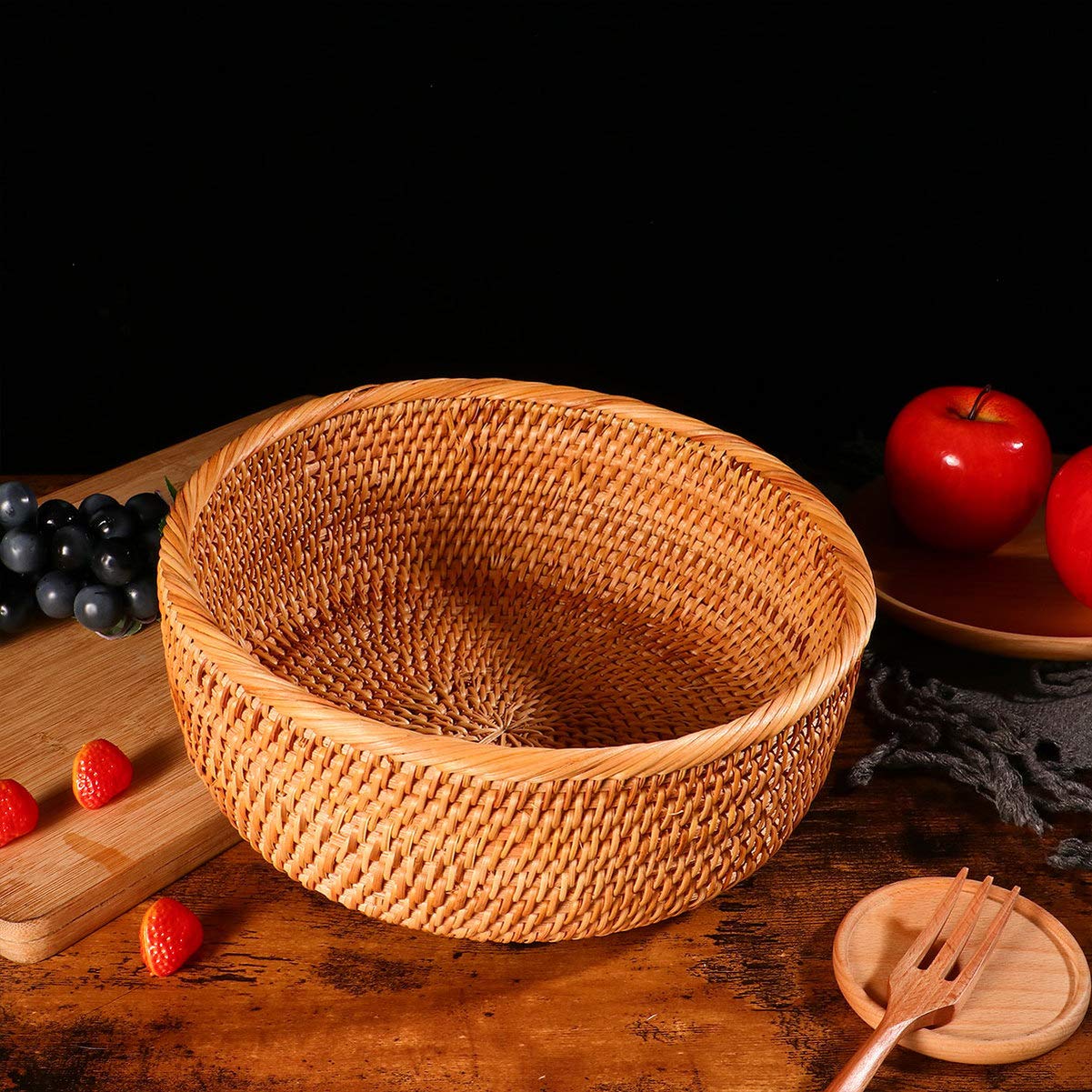 Natural Rattan Woven Round Tray Basket - Rustic Wooden Fruit & Vegetable Holder - Eco-Friendly Willow Proofing Basket for Kitchen, Dining Table, Picnic, and Home Decor